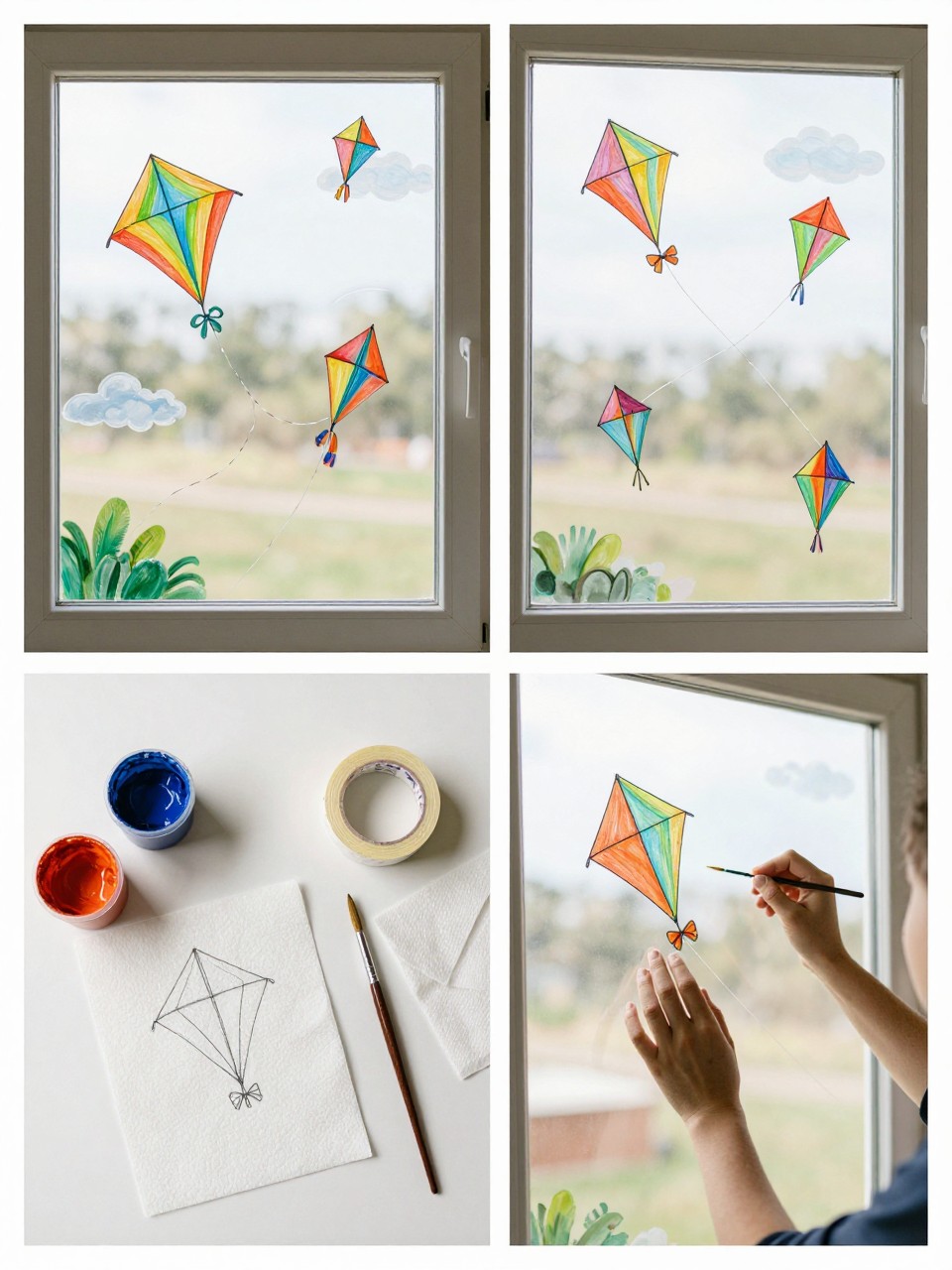 A realistic editorial 2x2 collage grid showing a summer kite window painting, top-left finished window with painted colorful kites, string lines, clouds, and soft breeze marks, top-right close-up of kite shapes with small bow details on the strings, bottom-left flat lay of washable paint, brushes, painter’s tape, paper towels, and simple kite sketches, bottom-right cropped hands painting a kite string on the glass, sunny bedroom or playroom window setting, no faces, no text, no watermark on images.
