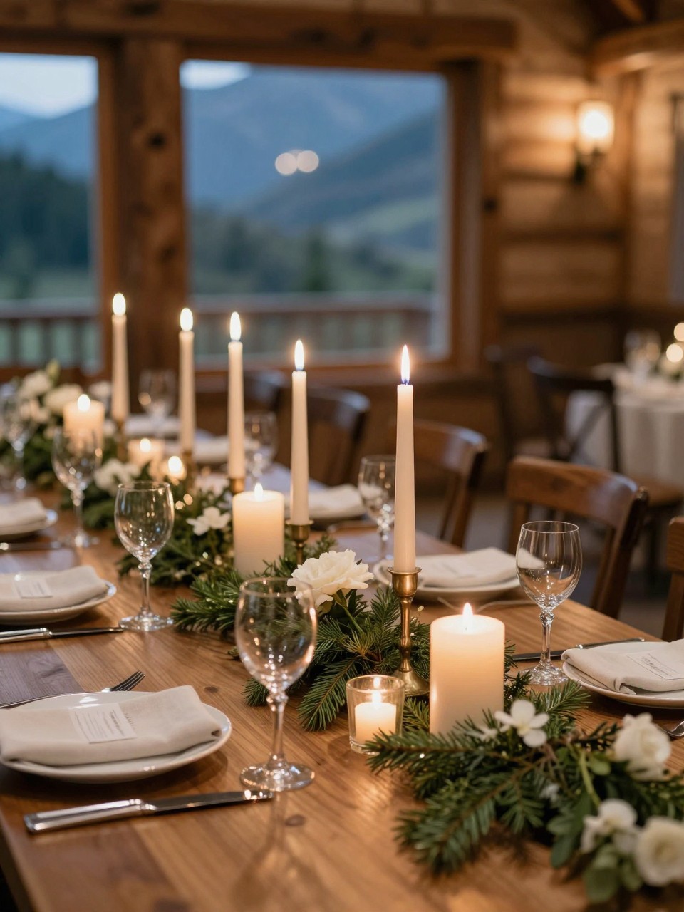 A warm mountain wedding table styled with candle clusters in mixed heights, including taper candles, pillar candles, and small glass votives, paired with evergreen sprigs, white flowers, linen napkins, white plates, and clear glassware. Cozy indoor lodge or outdoor evening mountain reception setting, no visible faces, no text, no watermark, realistic DSLR editorial photography, (no watermarks on images)