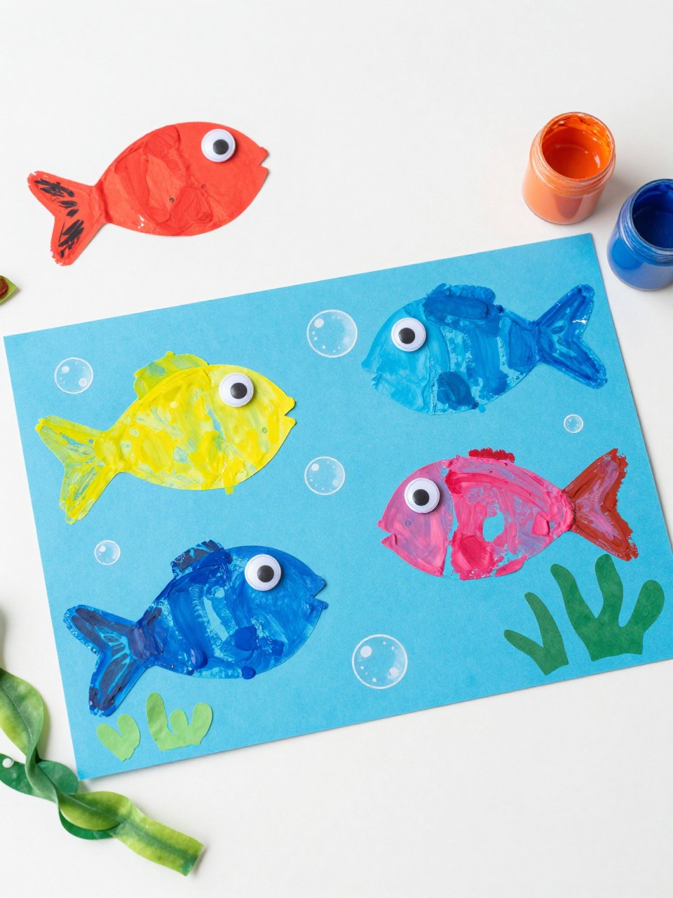 Detailed Image Prompt:
A bright ocean-themed toddler craft image showing handprint fish on blue cardstock, colorful painted handprints turned sideways into fish shapes, googly eyes, paper bubbles, seaweed strips, and washable paint nearby, clean craft table, cheerful under-the-sea summer style, no real hands, no faces, no readable text, no watermark on images.