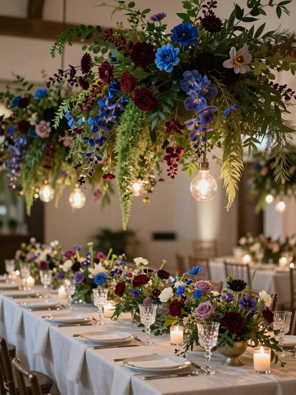 Image Prompt:
A dreamy editorial wedding reception photo showing a long table beneath a hanging floral installation made with jewel tone flowers in burgundy, plum, deep blue, and greenery, along with warm lights. The table below has white plates, crystal glasses, candles, polished flatware, and elegant linen. No visible faces, no full people, table and hanging florals focused, no text, no watermark, realistic DSLR wedding photography, (no watermarks on images)