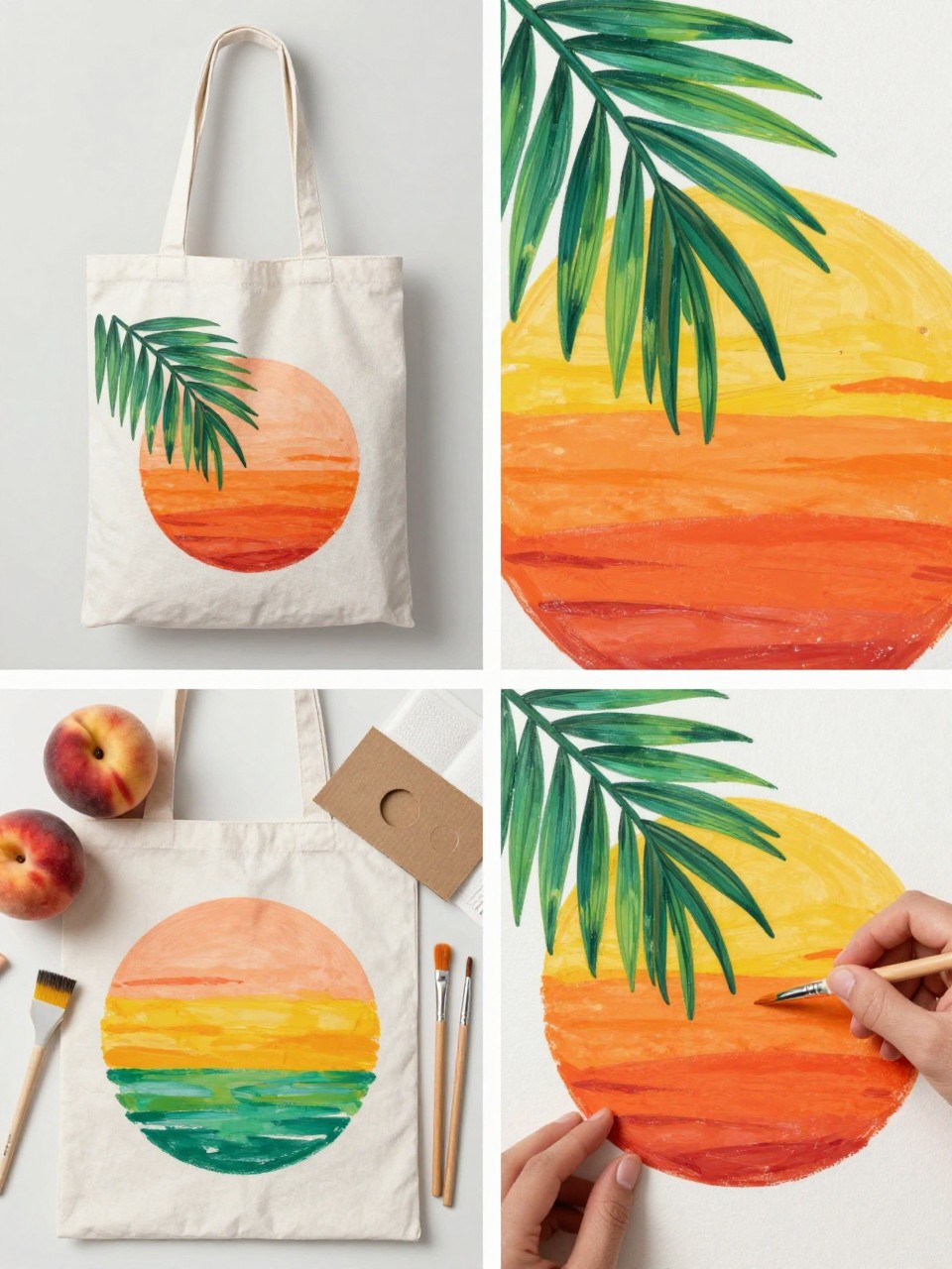 A realistic editorial 2x2 collage grid showing a palm sunset painted canvas tote bag, top-left finished tote with a peach and orange sunset circle behind simple green palm leaves, top-right close-up of sunset gradient and palm leaf details, bottom-left flat lay of tote, peach, orange, yellow, green, and white fabric paint, sponge brush, fine brushes, pencil, cardboard insert, and paper towel, bottom-right cropped hands painting palm leaves over a sunset circle, tropical summer craft styling, no faces, no text, no watermark on images.