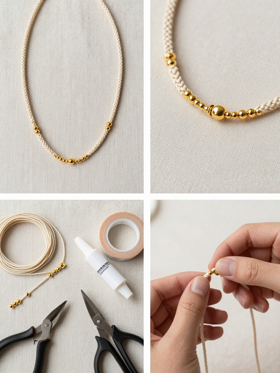 A realistic editorial 2x2 collage grid showing a woven cord and gold bead summer necklace, top-left finished necklace with cream woven cord, tiny gold beads, and a polished clasp styled on a neutral linen top, top-right close-up of woven cord texture, gold bead placement, and clasp detail, bottom-left flat lay of cotton cord, gold beads, clasp ends, jewelry glue, pliers, scissors, and tape, bottom-right cropped hands braiding cord with small beads added into the weave, refined handmade summer accessory craft scene, no faces, no text, no watermark on images.