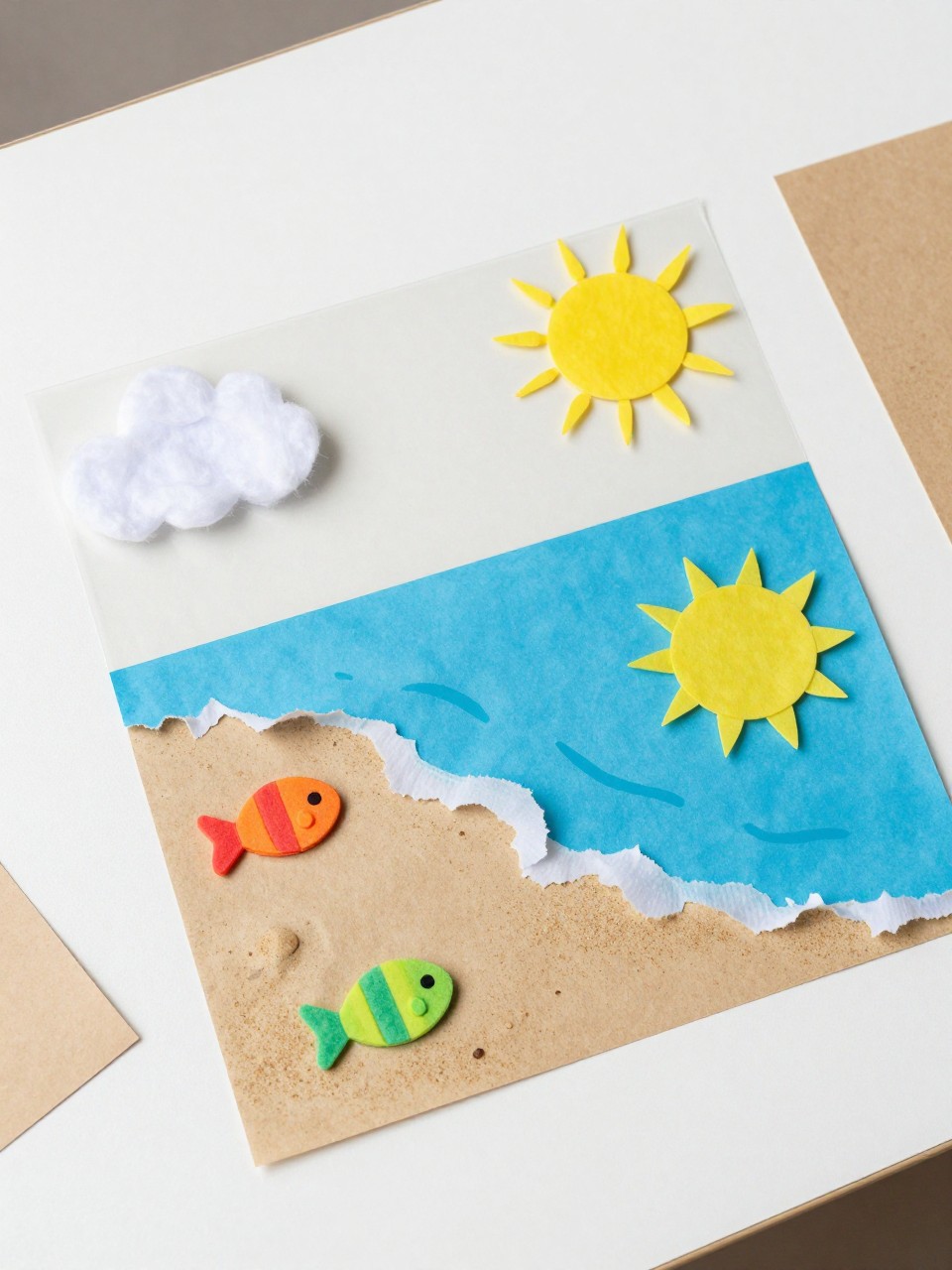 Detailed Image Prompt:
A toddler-friendly beach craft photo showing a sticky paper beach scene, clear contact paper with torn tan paper sand, blue tissue paper water, yellow sun pieces, cotton clouds, and small foam fish shapes stuck onto it, placed on a white craft table with extra paper pieces nearby, bright summer beach theme, no people, no faces, no readable text, no watermark on images.
