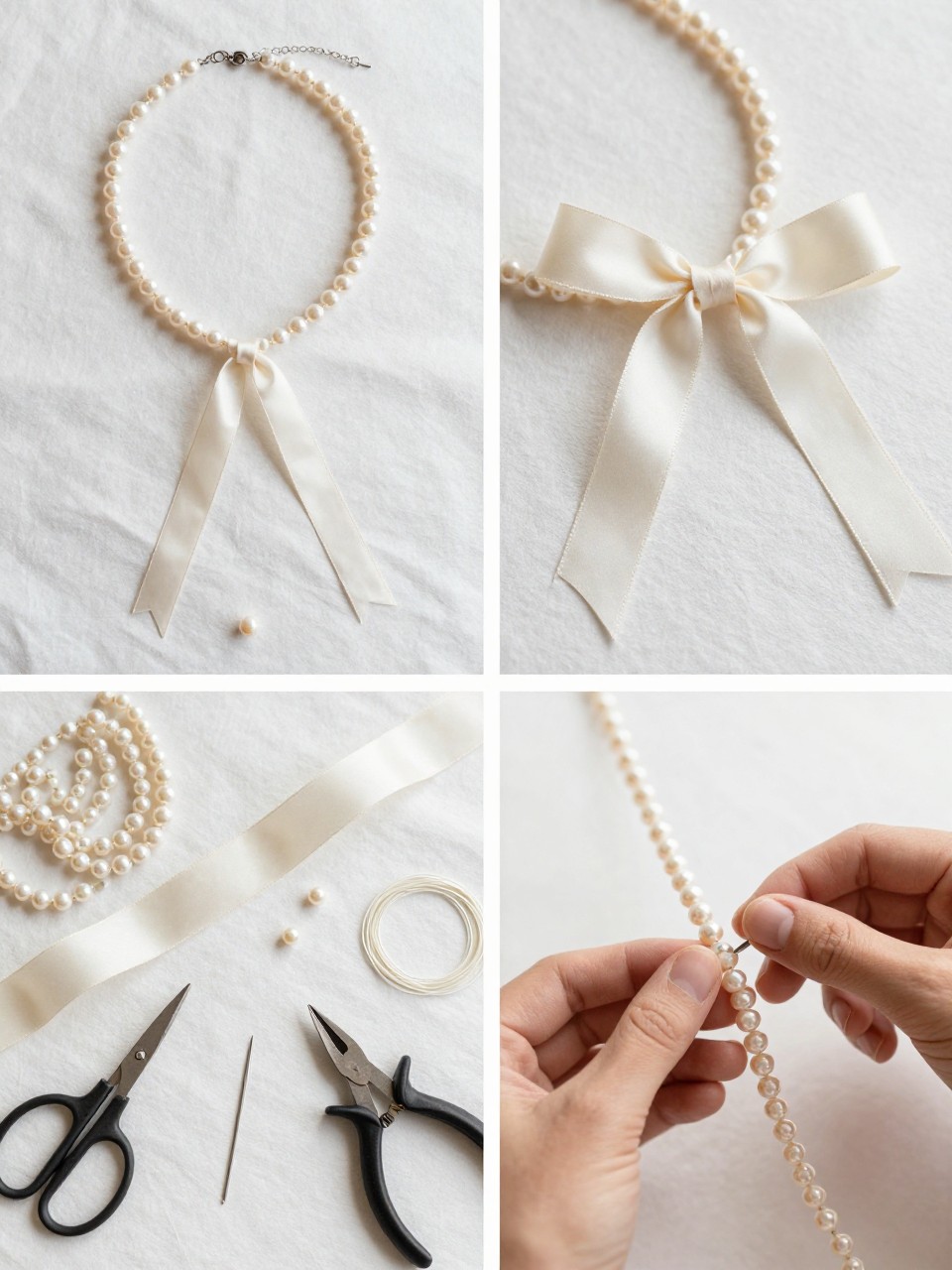 A realistic editorial 2x2 collage grid showing a ribbon and pearl tie necklace, top-left finished necklace with small pearls connected to long ivory satin ribbon ties on a soft cloth, top-right close-up of pearls, satin ribbon bow, and neat end knots, bottom-left flat lay of pearl beads, satin ribbon, beading wire, scissors, needle, and jewelry pliers, bottom-right cropped hands tying ribbon to the end of a pearl strand, romantic summer accessory craft scene, no faces, no text, no watermark on images.