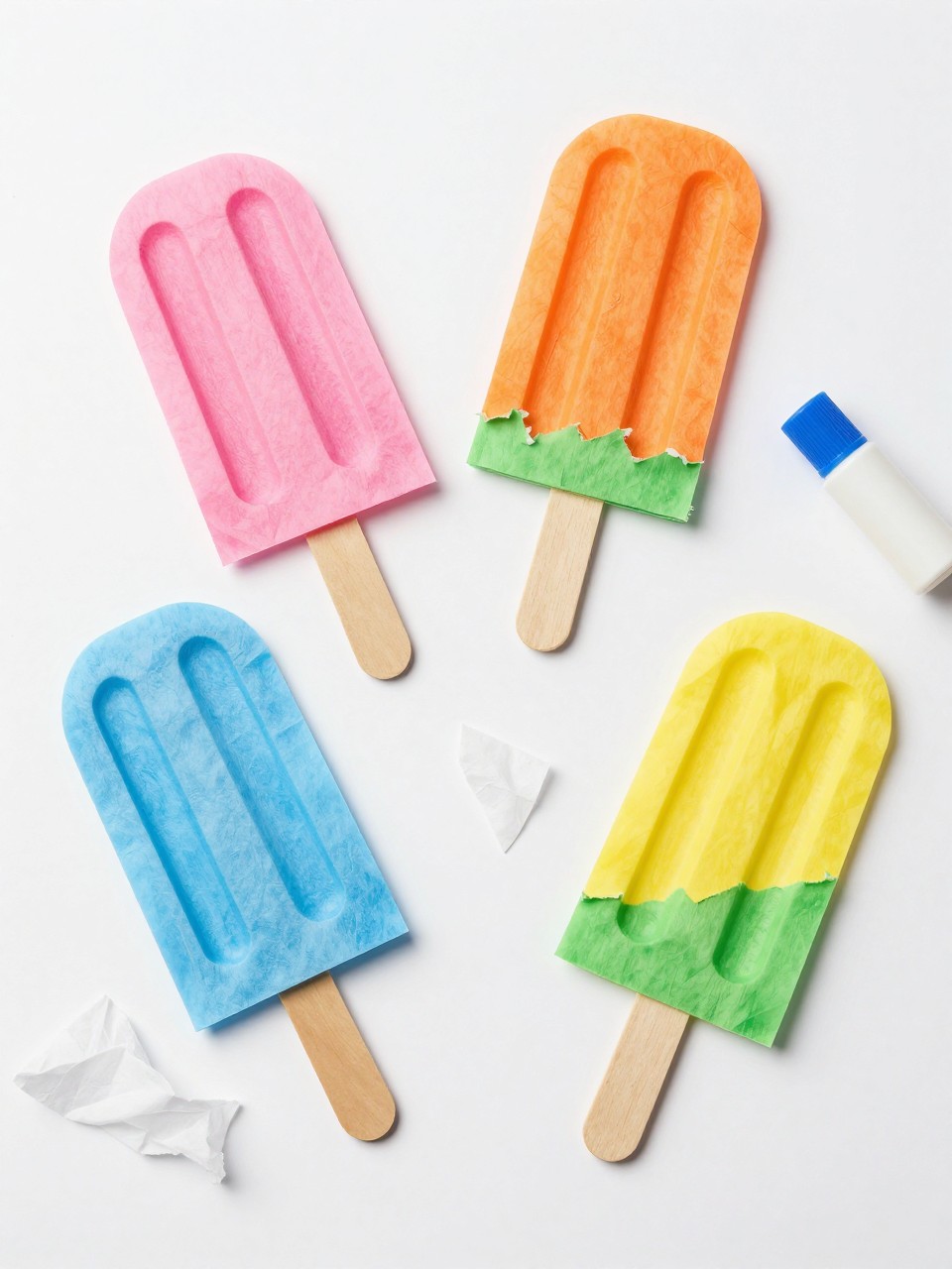 Detailed Image Prompt:
A cheerful toddler craft image showing tissue paper popsicles on white cardstock, popsicle shapes filled with torn tissue paper in pink, orange, blue, yellow, and green, small craft stick bottoms, glue stick and tissue scraps nearby, bright summer treat theme, clean craft photography, no people, no faces, no readable text, no watermark on images.