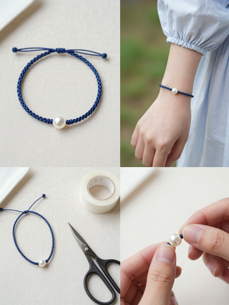 A realistic editorial 2x2 collage grid showing a simple single bead center friendship bracelet, top-left finished bracelet with braided blue cord and one pearl bead in the center on linen fabric, top-right bracelet worn on a wrist cropped at the hand with a summer dress sleeve, bottom-left flat lay of cord, one statement bead, scissors, and tape, bottom-right close-up of the bead being added to the center of the braid, soft summer handmade jewelry styling, no faces, no text, no watermark on images.