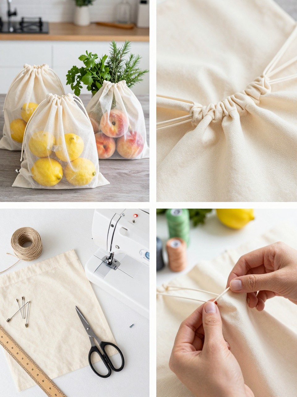 A realistic editorial 2x2 collage grid showing handmade drawstring produce bags, top-left finished lightweight produce bags holding lemons, peaches, and herbs on a kitchen table, top-right close-up of drawstring casing and cord detail, bottom-left flat lay of cotton mesh or lightweight cotton fabric, cord, sewing machine, scissors, pins, thread, safety pin, and ruler, bottom-right cropped hands threading cord through the casing, bright summer farmers market sewing setup, no faces, no text, no watermark on images.