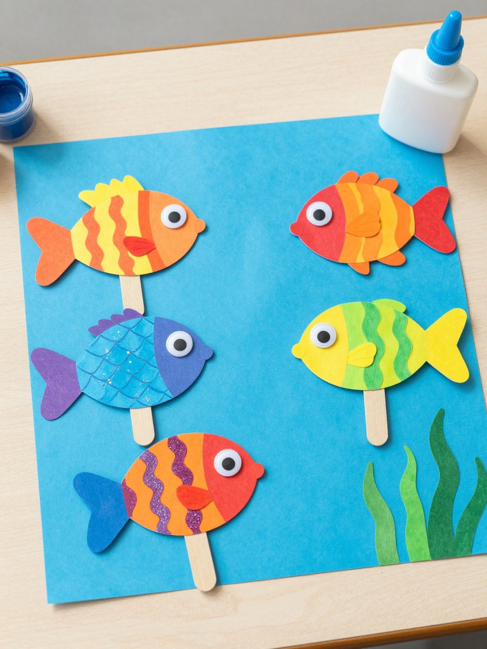 Detailed Image Prompt:
A colorful ocean-themed preschool craft photo showing popsicle stick fish, craft sticks painted in bright summer colors with paper fins, googly eyes, and glitter-free paper scales, arranged on a blue background with glue and paint nearby, clean classroom craft table styling, no people, no faces, no readable text, no watermark on images.