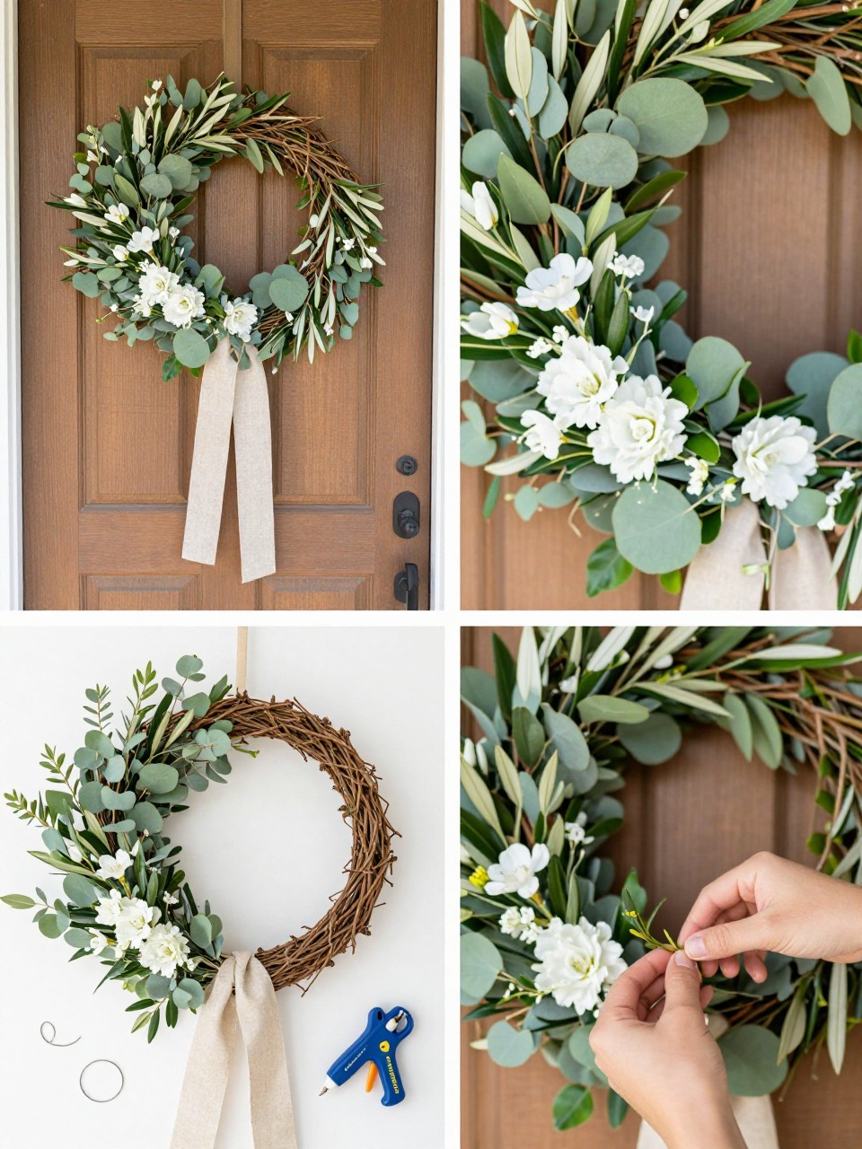A realistic editorial 2x2 collage grid showing a simple greenery and white bloom summer wreath, top-left finished wreath on a wood front door with eucalyptus, olive leaves, white flowers, and natural linen ribbon, top-right close-up of white bloom and greenery layers, bottom-left flat lay of grapevine wreath base, faux eucalyptus, olive stems, white flowers, linen ribbon, floral wire, scissors, and glue gun, bottom-right cropped hands tucking greenery into the wreath base, calm summer entryway styling, no faces, no text, no watermark on images.