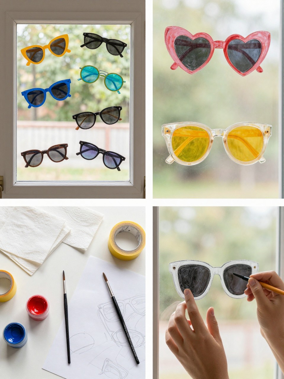 A realistic editorial 2x2 collage grid showing summer sunglasses window doodles, top-left finished window with colorful painted sunglasses in different shapes scattered across the glass, top-right close-up of heart-shaped, round, and retro sunglasses with bright lens colors, bottom-left flat lay of washable paint, detail brushes, painter’s tape, paper towels, and sketch paper, bottom-right cropped hands painting a sunglasses outline on glass, fun summer craft room setting, realistic natural light, no faces, no text, no watermark on images.