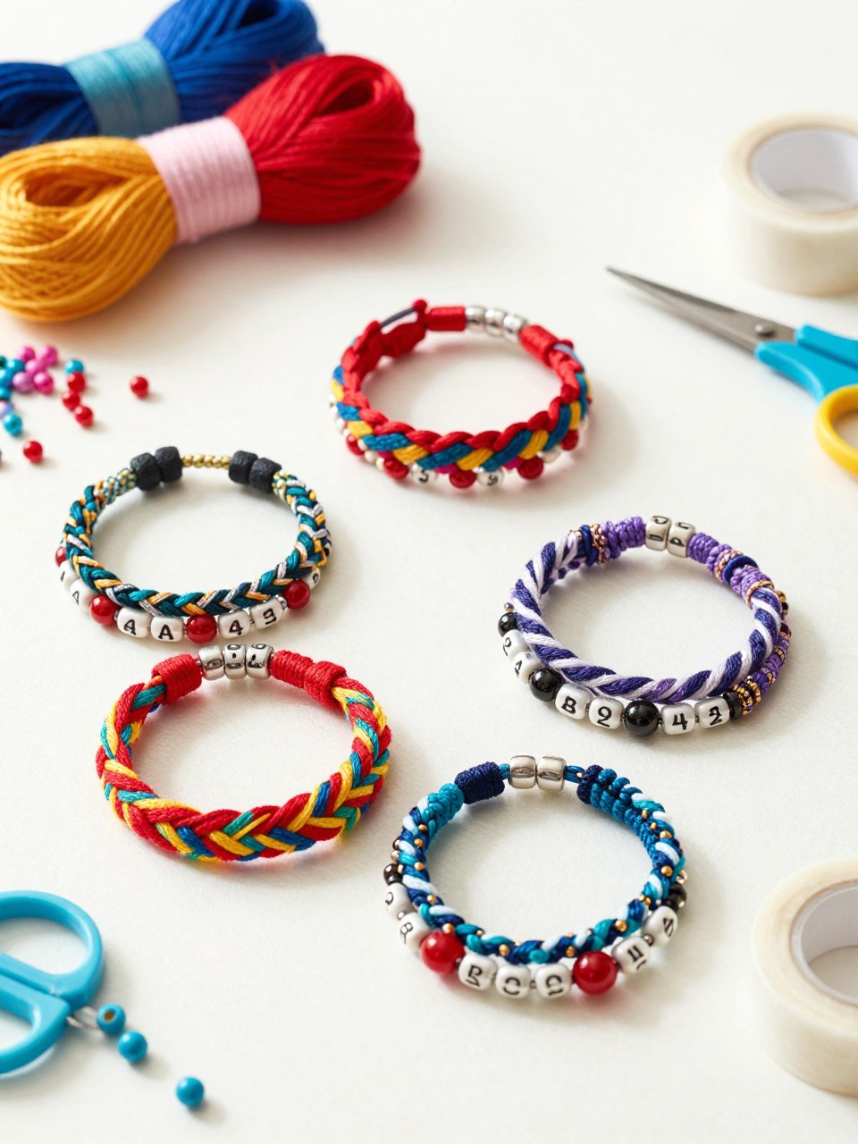Detailed Image Prompt:
A bright teen craft photo of handmade friendship bracelet stacks, colorful embroidery floss bracelets with braided, chevron, twist, and bead details, laid on a clean summer craft table with floss bundles, small beads, scissors, and tape, playful but stylish editorial look, no wrists, no hands, no faces, no readable text, no watermark on images.