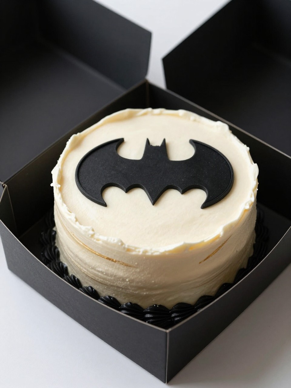Image Prompt:
A stylish Batman themed bento cake inside an open black cake box, smooth ivory frosting, black Batman logo on top, subtle gold brushstroke accents, black piped border, sleek modern dessert styling, soft studio light, realistic close-up bakery photography, no people, no hands, no faces, (no watermarks on images)