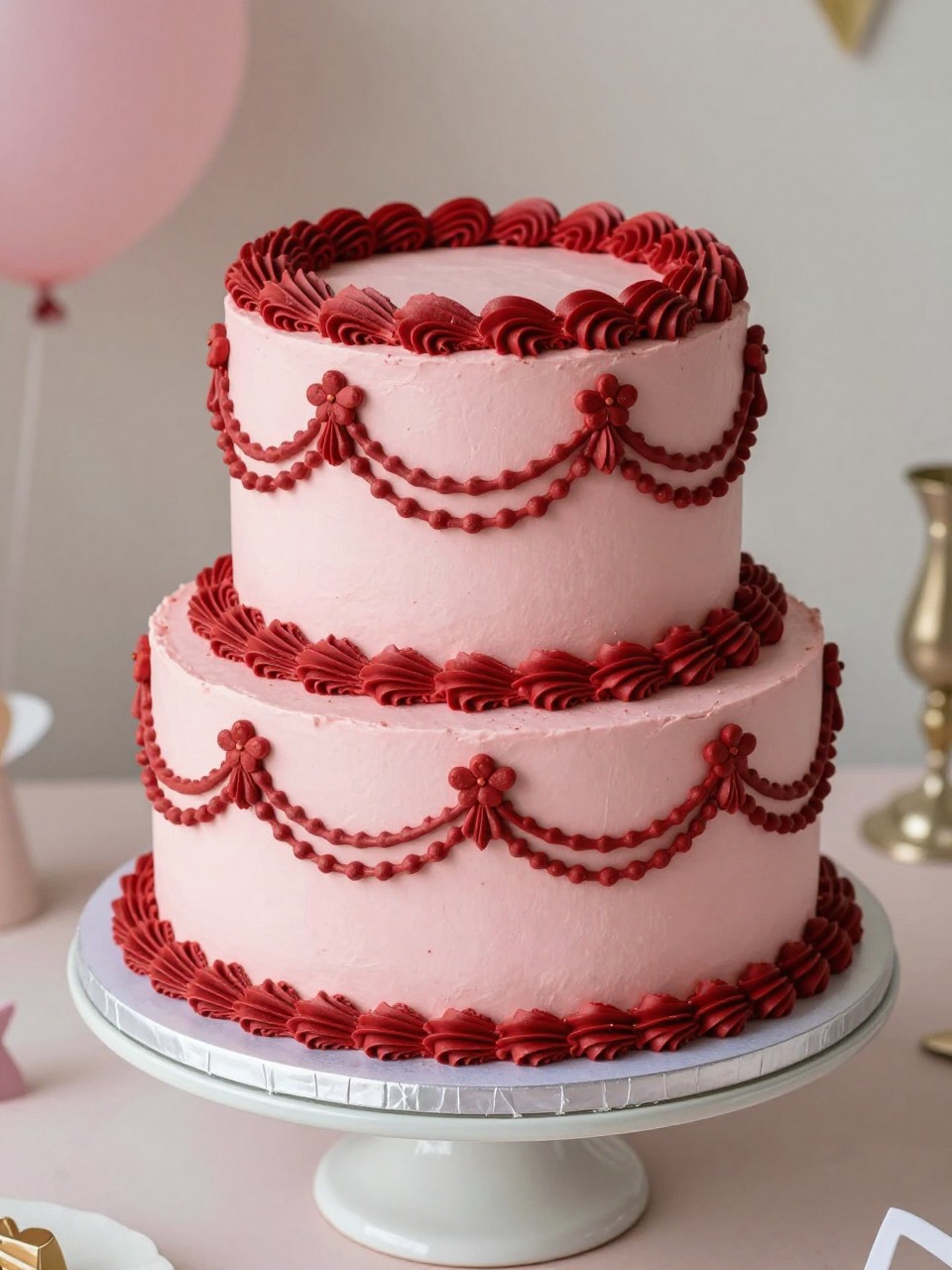 Detailed Image Prompt:
A lovely two-tier vintage cake with a blush pink buttercream base, deep red overpiping, scalloped borders, piped garlands, and small red floral details, displayed on an elegant pedestal stand with party decor in the background, realistic DSLR editorial cake photography, no people, no watermarks on images.