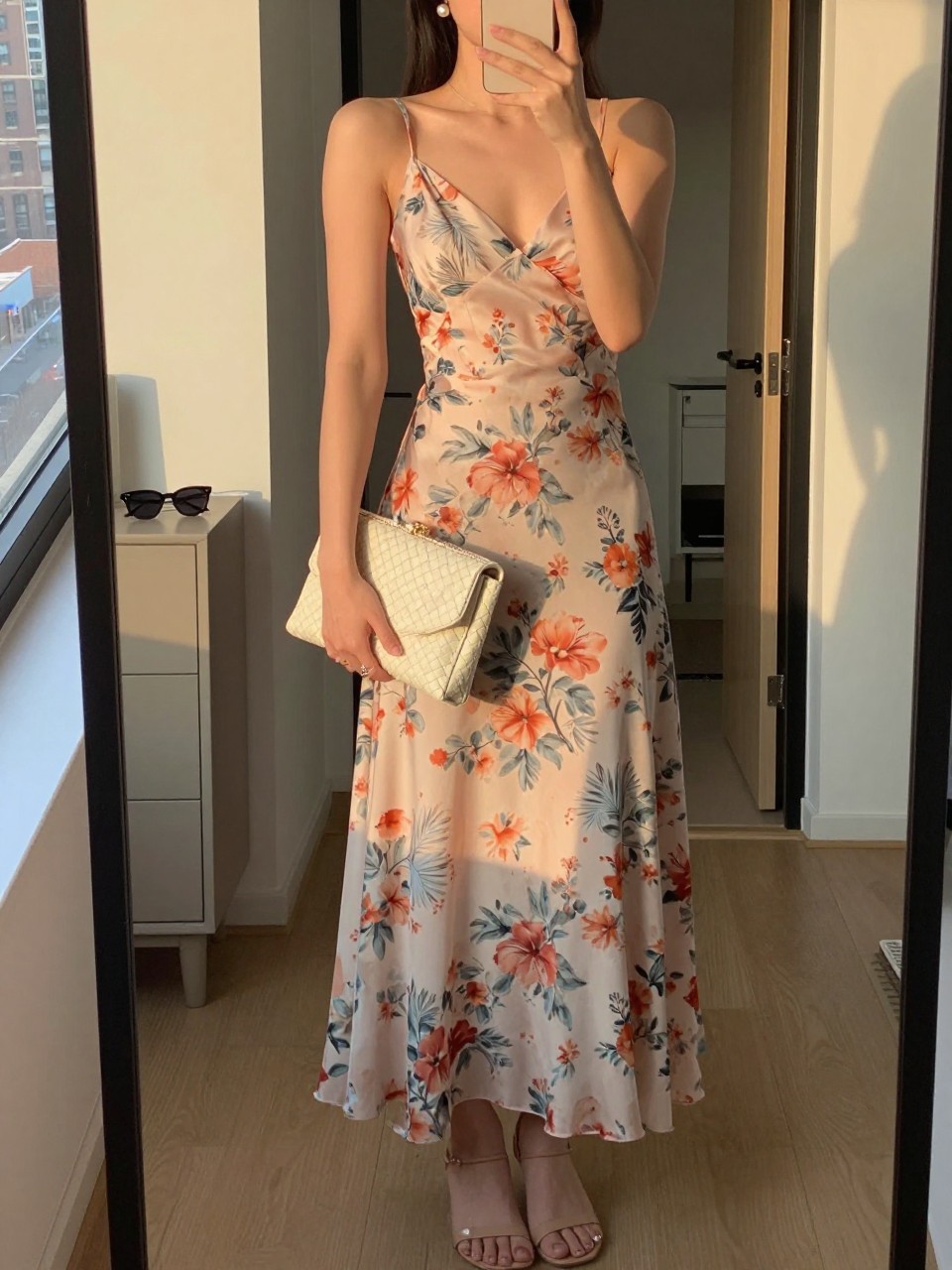 mirror selfie of a woman wearing a floral chiffon maxi dress with nude heeled sandals, pearl stud earrings, and a cream woven clutch, holding a phone in front of a mirror, cropped at NECK so face doesn't show, with a natural casual selfie pose, in a city apartment, evening golden hour, including small lived-in details like sunglasses on a dresser and an open closet behind, latest iPhone photo quality.