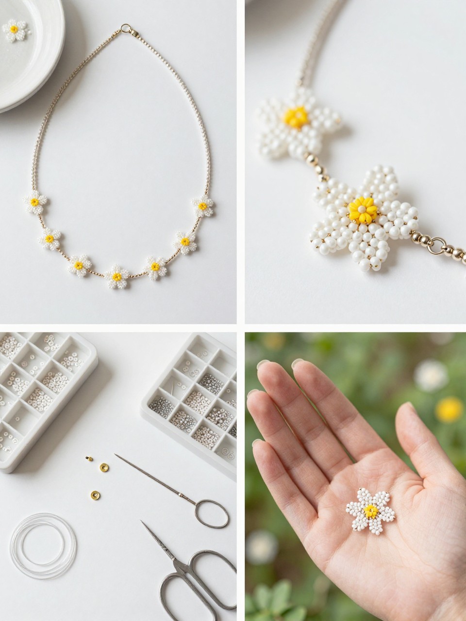 A realistic editorial 2x2 collage grid showing a delicate seed bead flower necklace, top-left finished necklace with tiny white and yellow flowers spaced along a thin beaded strand on a jewelry dish, top-right close-up of seed bead flower pattern and clasp detail, bottom-left flat lay of seed beads, beading thread, needle, clasp, bead tray, scissors, and clear cord, bottom-right cropped hands forming a tiny flower pattern with seed beads, soft summer garden jewelry craft styling, no faces, no text, no watermark on images.