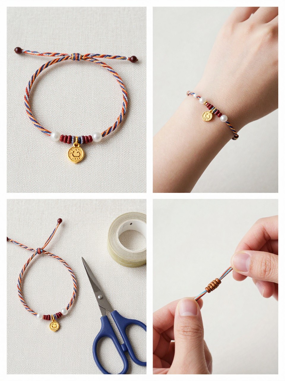 A realistic editorial 2x2 collage grid showing an easy adjustable sliding knot friendship bracelet, top-left finished bracelet made with colorful cord and a small charm on linen fabric, top-right bracelet being adjusted on a wrist cropped at the hand, bottom-left flat lay of cord, charm, scissors, and tape, bottom-right close-up of sliding knots being tied on both ends, clean summer handmade jewelry styling, no faces, no text, no watermark on images.