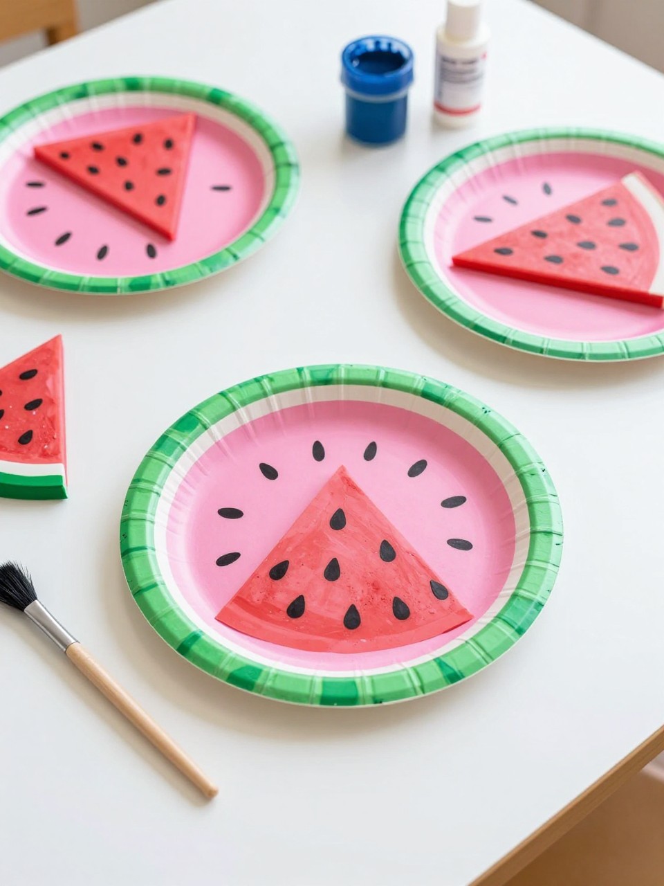 Detailed Image Prompt:
A bright preschool summer craft photo showing paper plate watermelon slices, half paper plates painted pink with green rinds and black seed dots, washable paint, sponge brushes, glue sticks, and paper scraps on a clean white craft table, cheerful summer snack theme, soft natural daylight, no children, no faces, no readable text, no watermark on images.