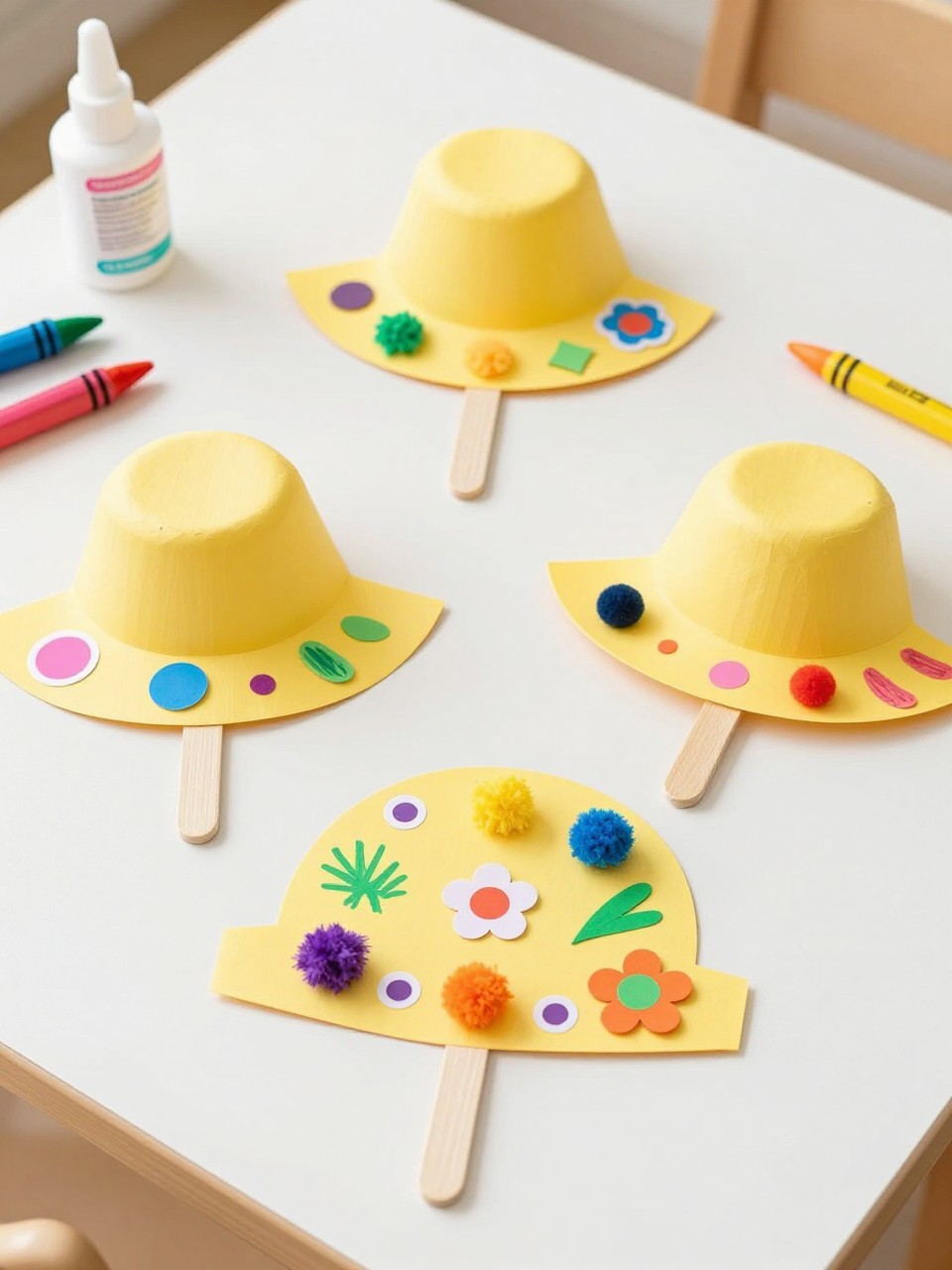 Detailed Image Prompt:
A playful toddler craft photo showing tiny popsicle stick sun hats, semicircle paper hat shapes decorated with mini craft sticks, stickers, pom-poms, paper flowers, and crayon scribbles, laid on a clean summer craft table with glue and supplies nearby, colorful preschool craft style, no people, no faces, no text, no watermark on images.