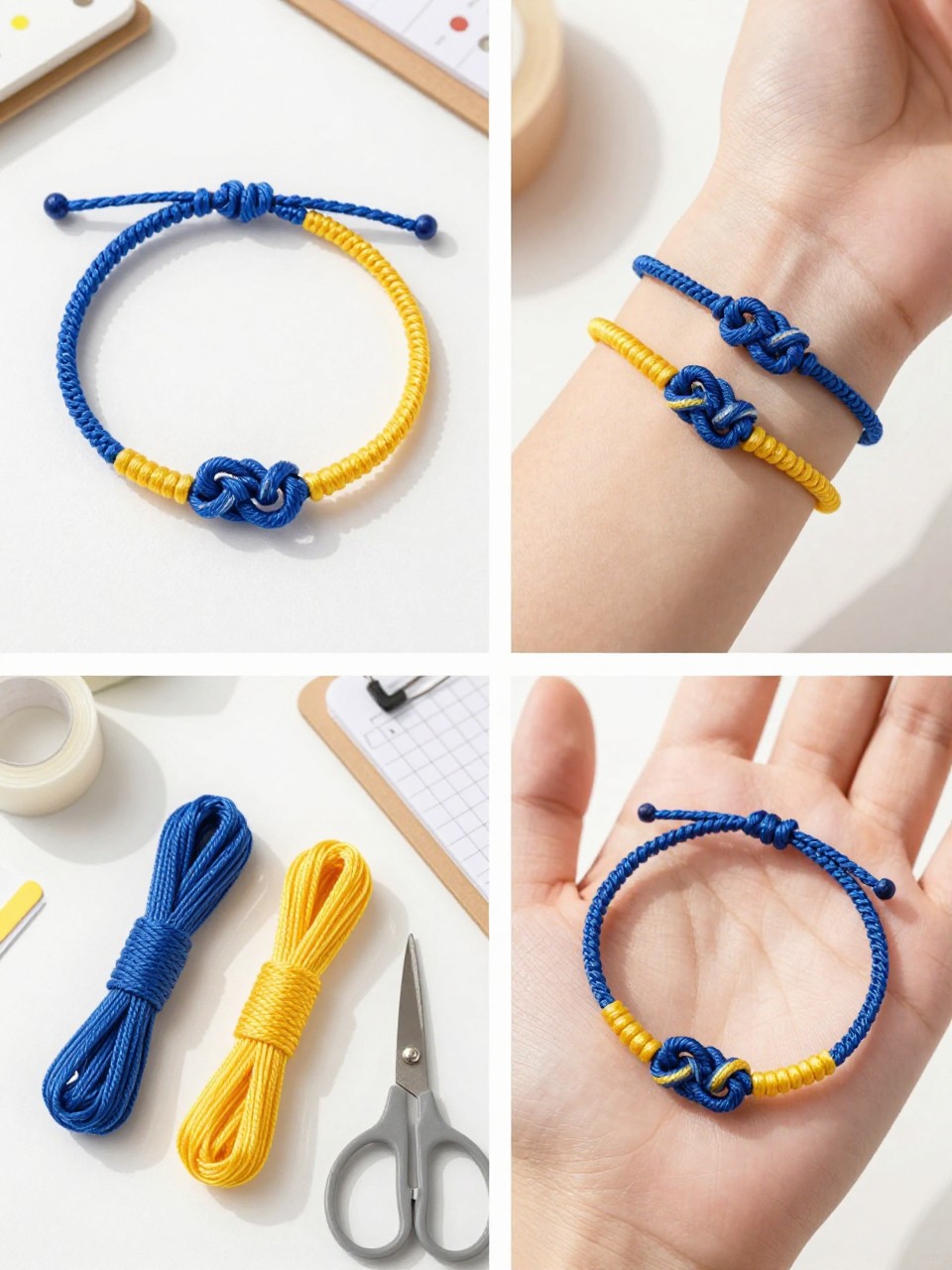 A realistic editorial 2x2 collage grid showing a two-color spiral knot friendship bracelet, top-left finished spiral bracelet in blue and yellow thread on a white craft table, top-right bracelet stacked with simple summer bracelets on a cropped wrist, bottom-left flat lay of two thread colors, scissors, tape, and clipboard, bottom-right close-up of beginner spiral knots forming a twisted pattern, sunny summer DIY setting, no faces, no text, no watermark on images.