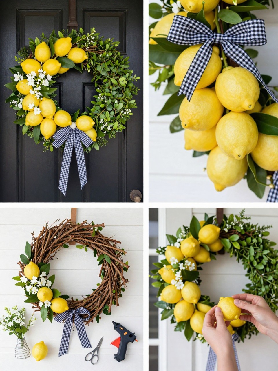 A realistic editorial 2x2 collage grid showing a fresh lemon farmhouse summer wreath, top-left finished wreath on a black front door with faux lemons, boxwood greenery, white flowers, and black-and-white gingham ribbon, top-right close-up of lemon clusters and gingham bow, bottom-left flat lay of grapevine wreath base, faux lemons, boxwood stems, white filler flowers, gingham ribbon, floral wire, scissors, and hot glue gun, bottom-right cropped hands attaching lemons to the wreath, bright farmhouse porch setting, no faces, no text, no watermark on images.