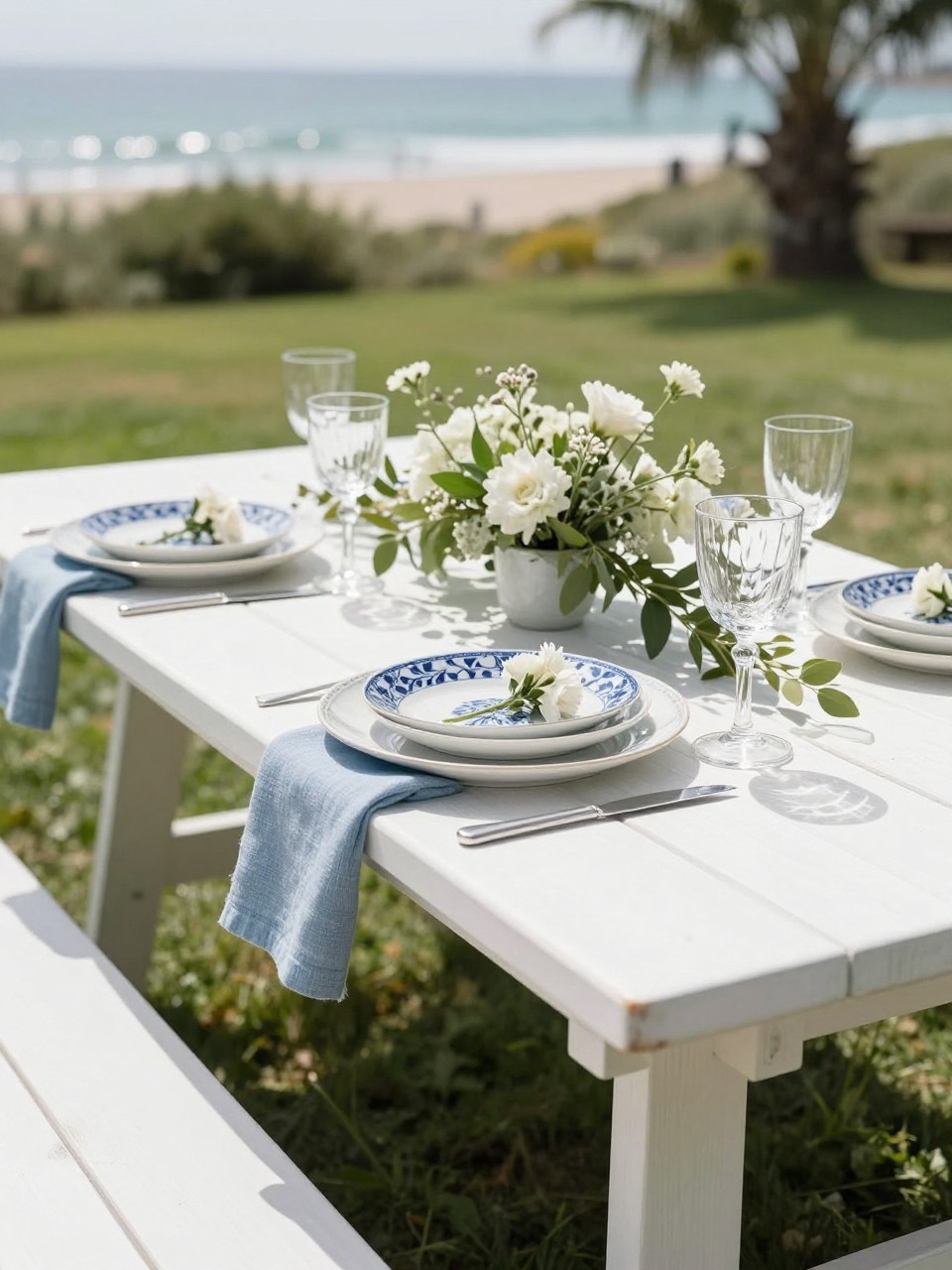 A fresh picnic table wedding setup styled with soft blue linen napkins, white plates, blue and white patterned dishes, small white flowers, greenery, clear glassware, and natural sunlight. Outdoor coastal, garden, or backyard wedding setting, no visible faces, no text, no watermark, realistic editorial photography, (no watermarks on images)