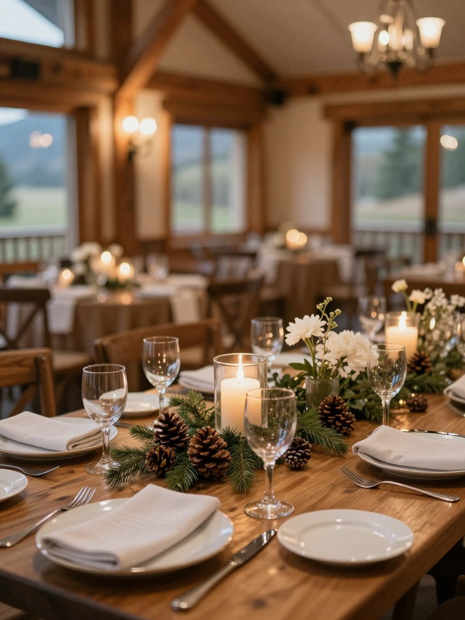 A cozy mountain wedding reception table decorated with small pinecones, evergreen greenery, ivory pillar candles in glass holders, white flowers, linen napkins, white plates, clear glasses, and warm lodge lighting. Rustic mountain venue with wood beams and soft candlelight, no visible faces, no text, no watermark, realistic DSLR editorial photography, (no watermarks on images)