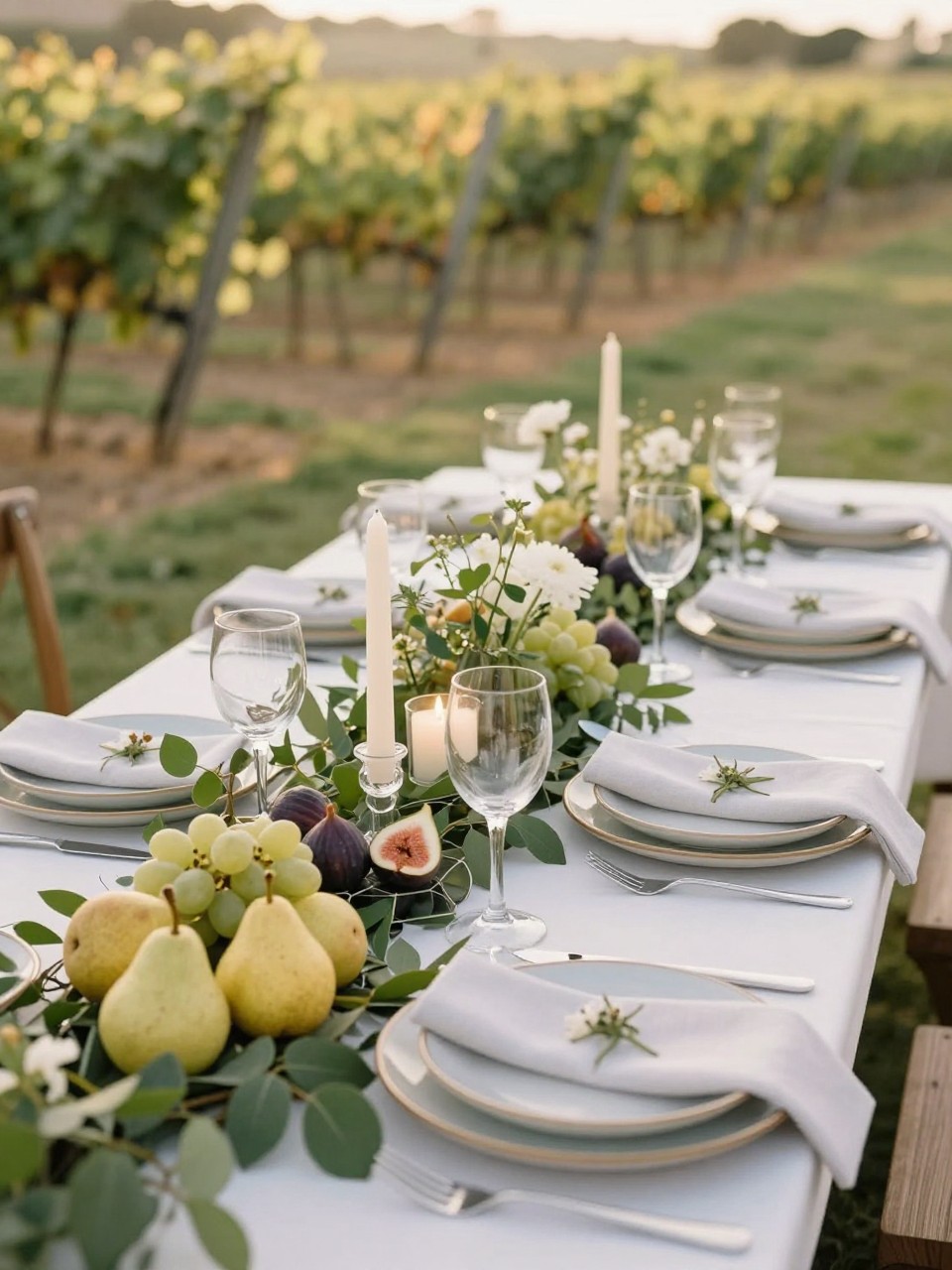 A beautiful outdoor picnic table wedding setup with a greenery runner, pears, figs, grapes, small white flowers, ivory candles in glass holders, ceramic plates, folded linen napkins, and clear glasses. Vineyard, garden, or countryside reception setting with soft golden light, no visible faces, no text, no watermark, realistic editorial wedding photography, (no watermarks on images)