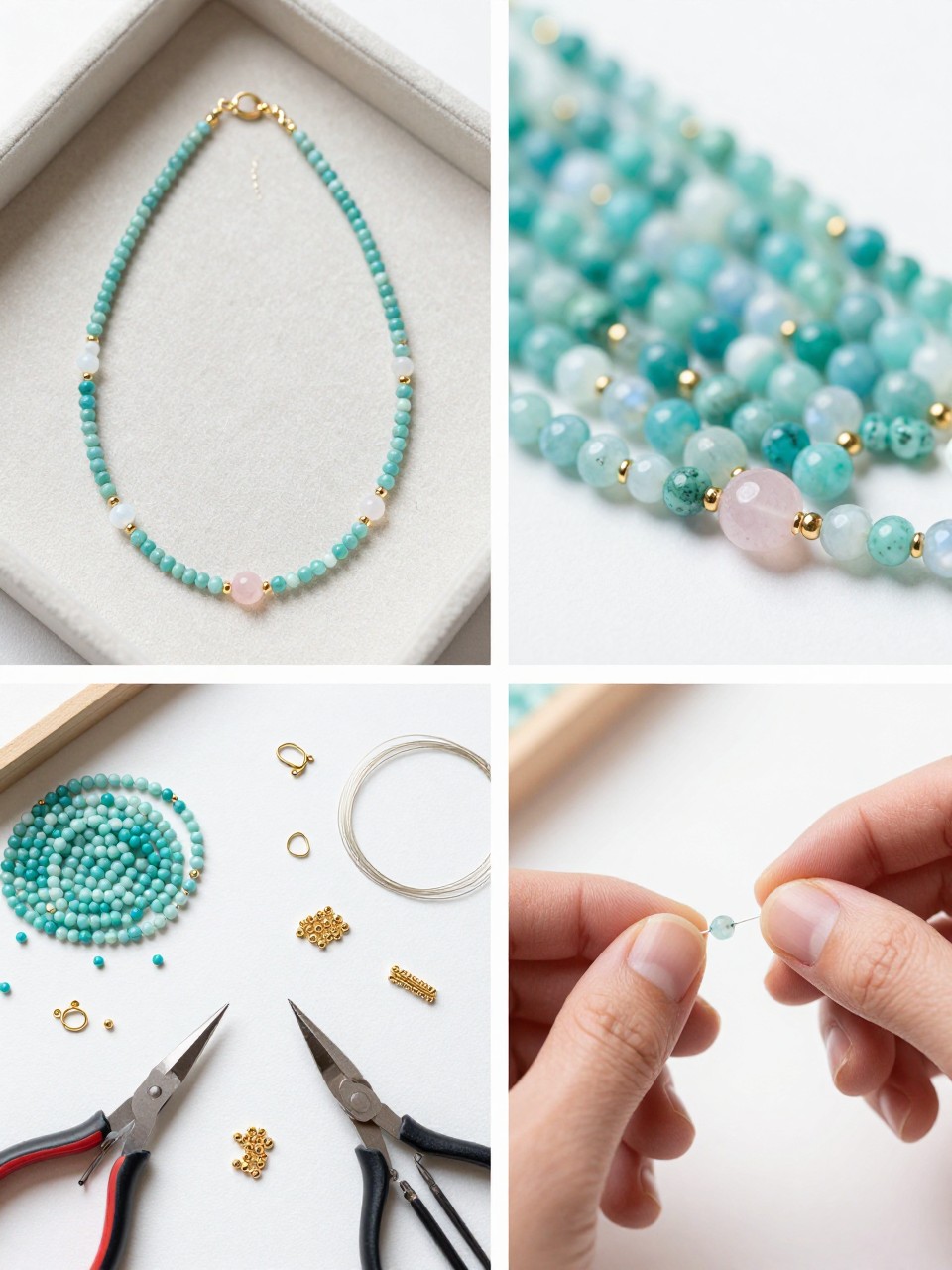 A realistic editorial 2x2 collage grid showing a handmade tiny gemstone bead necklace, top-left finished necklace with small turquoise, moonstone, or rose quartz beads and gold spacer beads on a jewelry tray, top-right close-up of tiny gemstone texture and gold bead details, bottom-left flat lay of gemstone beads, gold spacers, beading wire, clasp, crimp beads, pliers, and scissors, bottom-right cropped hands stringing small gemstone beads onto wire, refined summer jewelry craft styling, no faces, no text, no watermark on images.