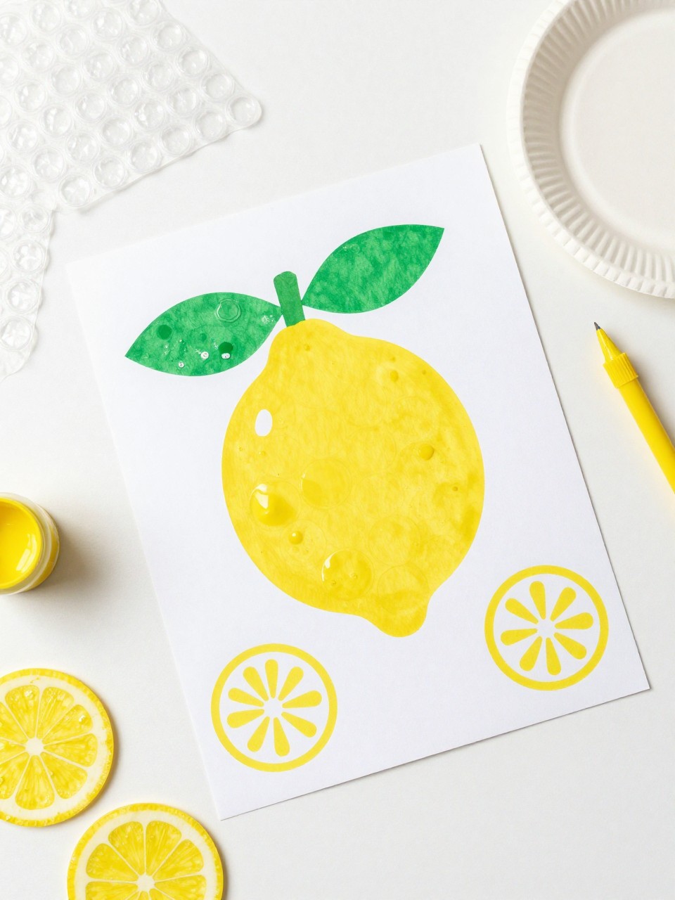 Detailed Image Prompt:
A bright toddler craft photo showing bubble wrap lemon stamp art, yellow lemon circles stamped on white cardstock with green paper leaves, bubble wrap pieces, washable yellow paint, and paper plates nearby, fresh summer citrus craft style, clean editorial tabletop, no people, no faces, no readable text, no watermark on images.