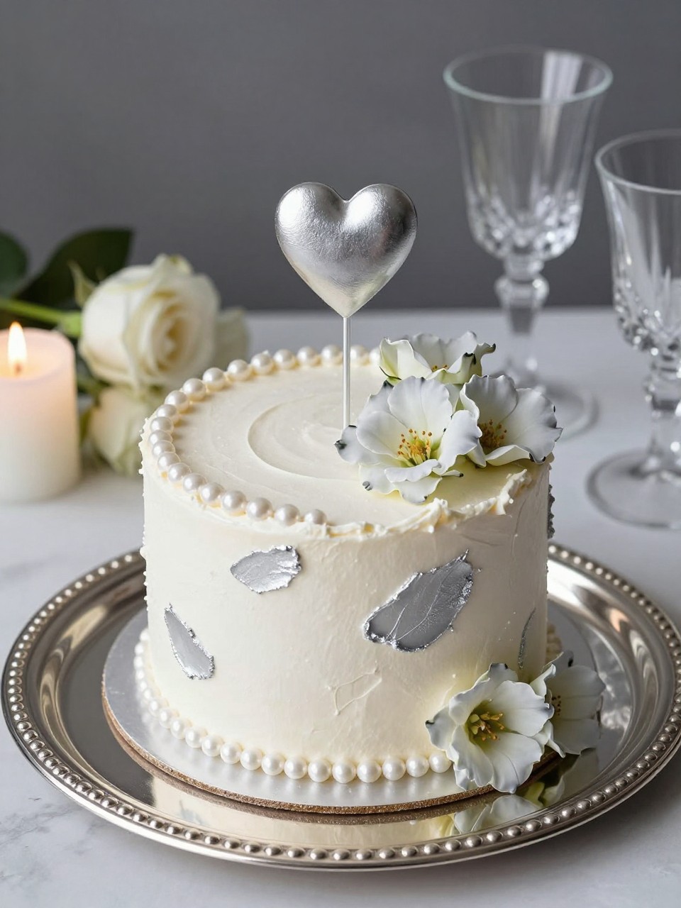 Image Prompt: A refined mini anniversary cake with smooth white buttercream, soft silver leaf accents, pearl borders, pale gray flowers, and a small silver heart topper. Style it on a silver dessert plate with candles, white roses, and crystal glasses nearby. Make it elegant, graceful, and realistic, no people, no faces, no watermark. (no watermarks on images)