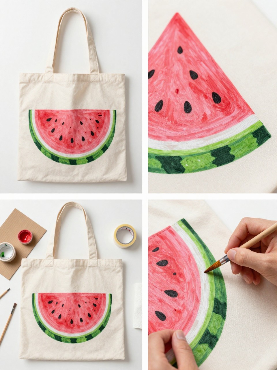 A realistic editorial 2x2 collage grid showing a watermelon pocket painted canvas tote bag, top-left finished tote with a painted pocket illusion shaped like a watermelon slice, top-right close-up of pink fruit, green rind, white line, and black seed details, bottom-left flat lay of tote, pink, green, white, and black fabric paint, brushes, painter’s tape, pencil, cardboard insert, and paper towel, bottom-right cropped hands painting the green rind along the pocket edge, cheerful summer craft setting, no faces, no text, no watermark on images.