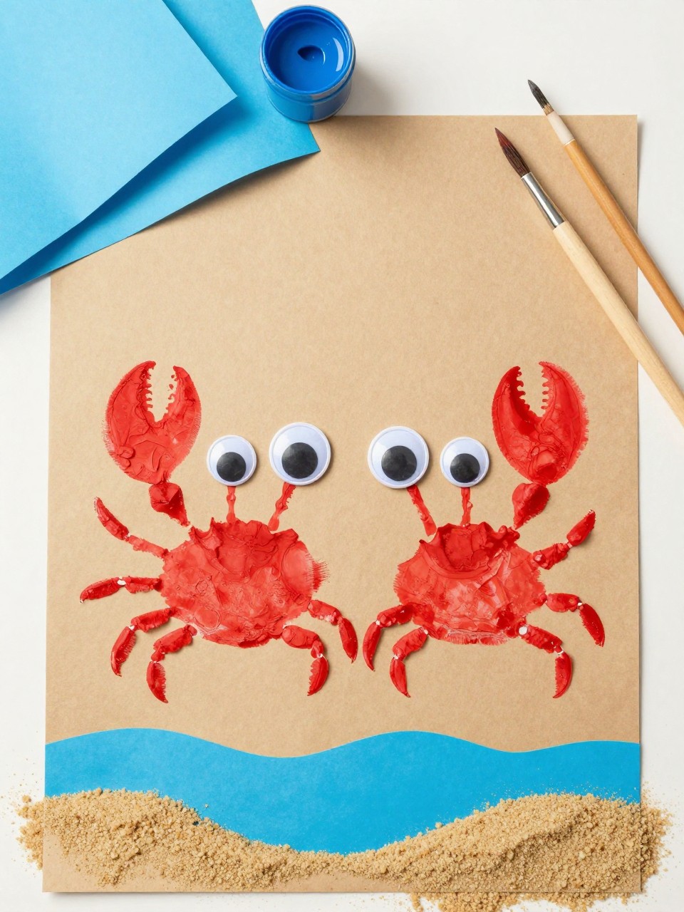 Detailed Image Prompt:
A cute beach-themed preschool craft photo showing red handprint crabs on tan cardstock, two red handprints placed side by side as crab claws and body, googly eyes on top, blue paper waves and sand details around the crab, washable paint and brushes nearby, clean craft setup, no real hands, no faces, no text, no watermark on images.