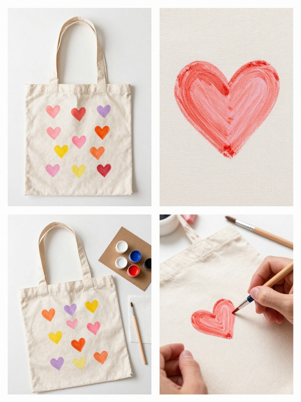 A realistic editorial 2x2 collage grid showing a mini painted hearts canvas tote bag, top-left finished tote with tiny hearts in coral, pink, yellow, orange, and lavender scattered neatly across the front, top-right close-up of heart brush strokes and soft canvas texture, bottom-left flat lay of tote, colorful fabric paints, fine brushes, pencil, cardboard insert, and paper towel, bottom-right cropped hands painting a tiny heart on canvas, sweet summer craft table setting, no faces, no text, no watermark on images.
