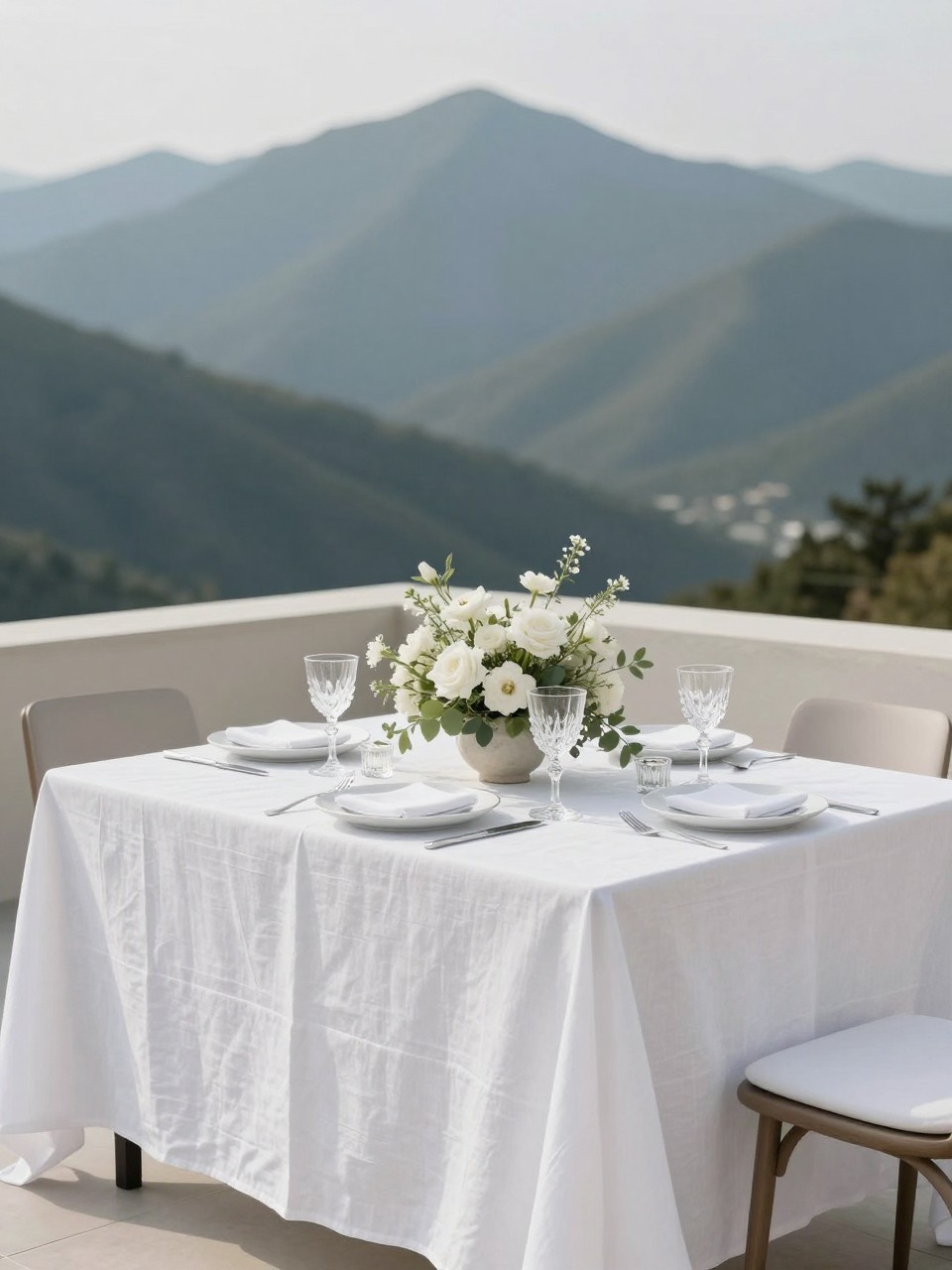 A minimal outdoor mountain wedding table set on a terrace with a dramatic mountain view in the background, styled with crisp white linen, clear glass candle holders, white flowers, soft greenery, white plates, crystal glasses, and simple polished flatware. No visible faces, no full people, scenic table-focused composition, no text, no watermark, realistic DSLR wedding photography, (no watermarks on images)