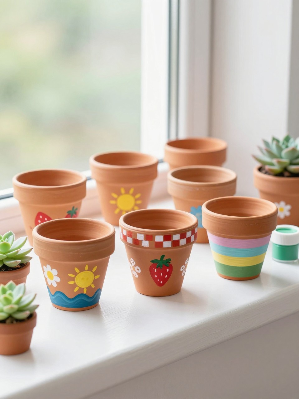 Detailed Image Prompt:
A fresh summer craft photo of mini painted plant pots for teens, small terracotta pots painted with strawberries, suns, waves, daisies, checkerboard borders, and pastel stripes, arranged on a bright windowsill with small succulents and craft paint nearby, clean editorial plant craft styling, no people, no faces, no text, no watermark on images.