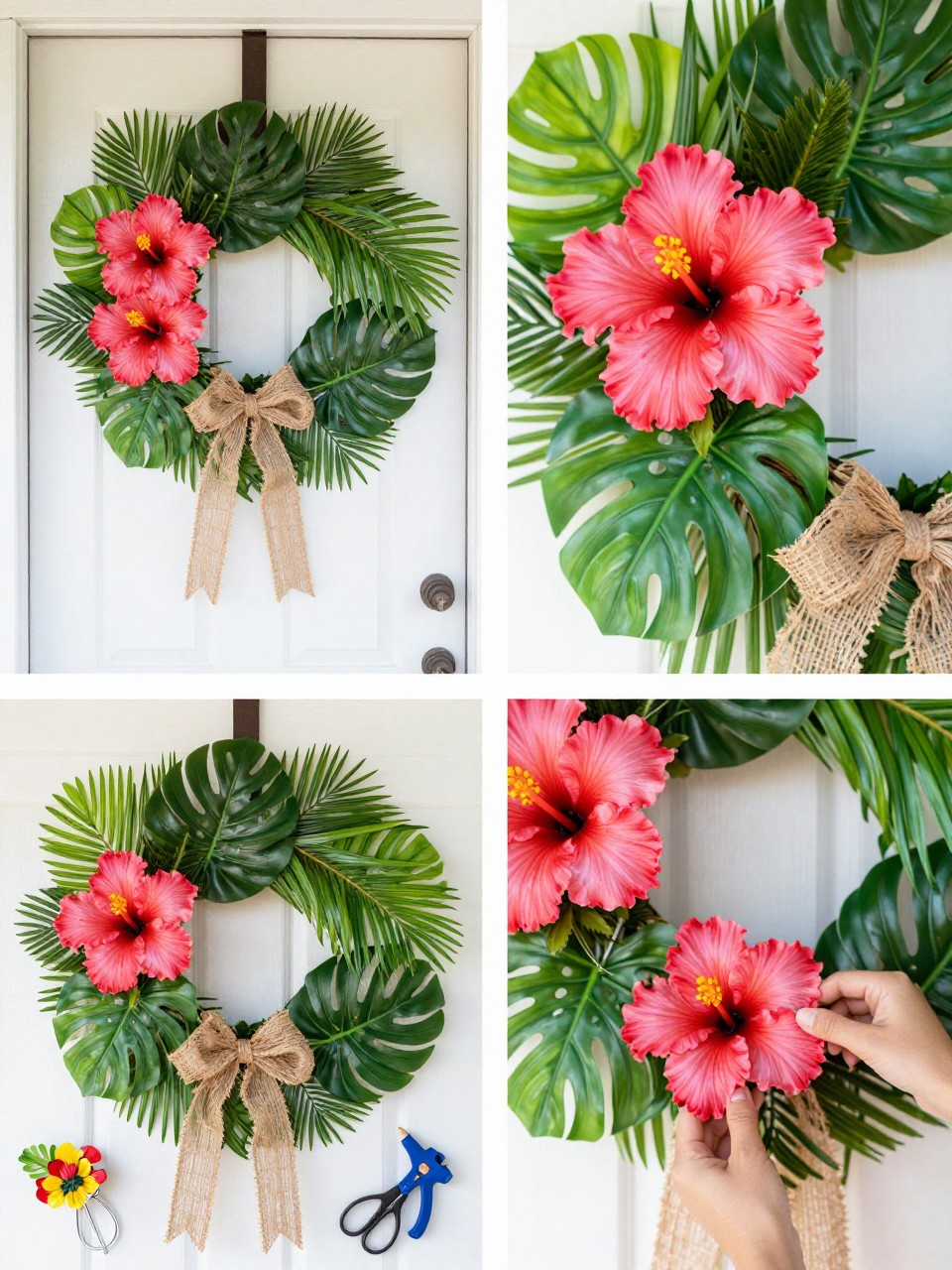 A realistic editorial 2x2 collage grid showing a tropical hibiscus summer wreath, top-left finished wreath on a bright front door with faux hibiscus flowers, palm leaves, monstera leaves, and raffia ribbon, top-right close-up of hibiscus petals and layered tropical leaves, bottom-left flat lay of wreath base, hibiscus flowers, palm leaves, monstera leaves, raffia, floral wire, scissors, and glue gun, bottom-right cropped hands wiring a hibiscus flower onto the wreath, tropical summer porch decor styling, no faces, no text, no watermark on images.
