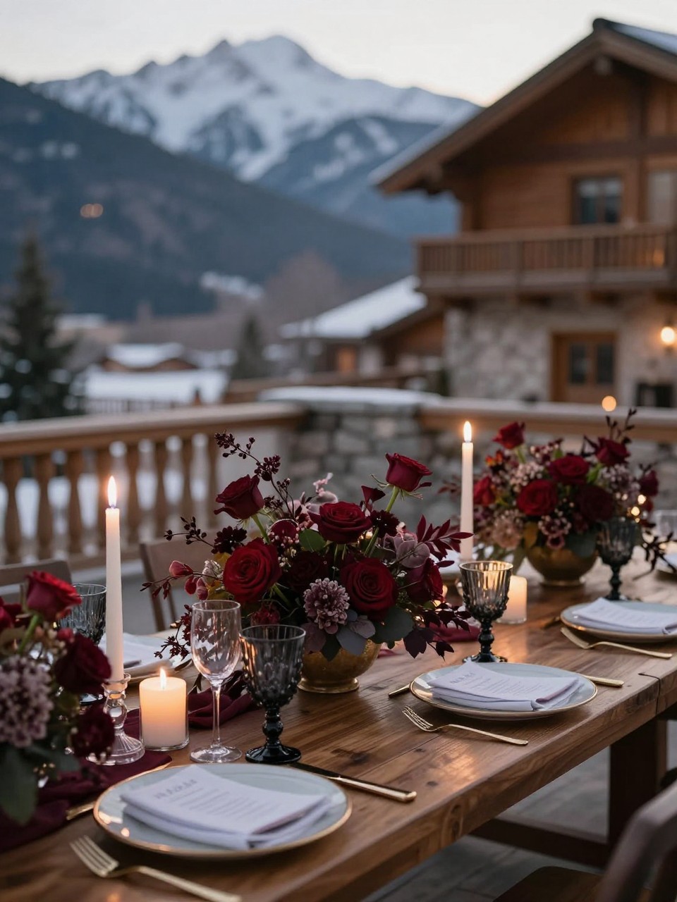 A dramatic mountain wedding table styled with burgundy flowers, deep red roses, plum blooms, dark greenery, ivory candles, gold flatware, white plates, smoky glassware, and warm low lighting. Elegant mountain lodge or winter resort reception setting, no visible faces, no text, no watermark, high-end DSLR wedding photography, (no watermarks on images)
