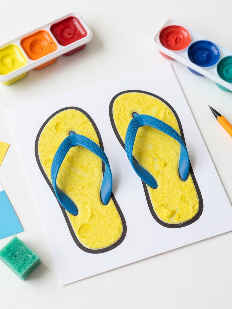 Detailed Image Prompt:
A colorful toddler craft photo showing sponge-stamped flip-flop art on cardstock, simple flip-flop outlines filled with bright sponge paint patterns, chunky sponge pieces, washable paint trays, and paper scraps on a white craft table, playful beachy summer theme, neat editorial photography, no feet, no people, no readable text, no watermark on images.