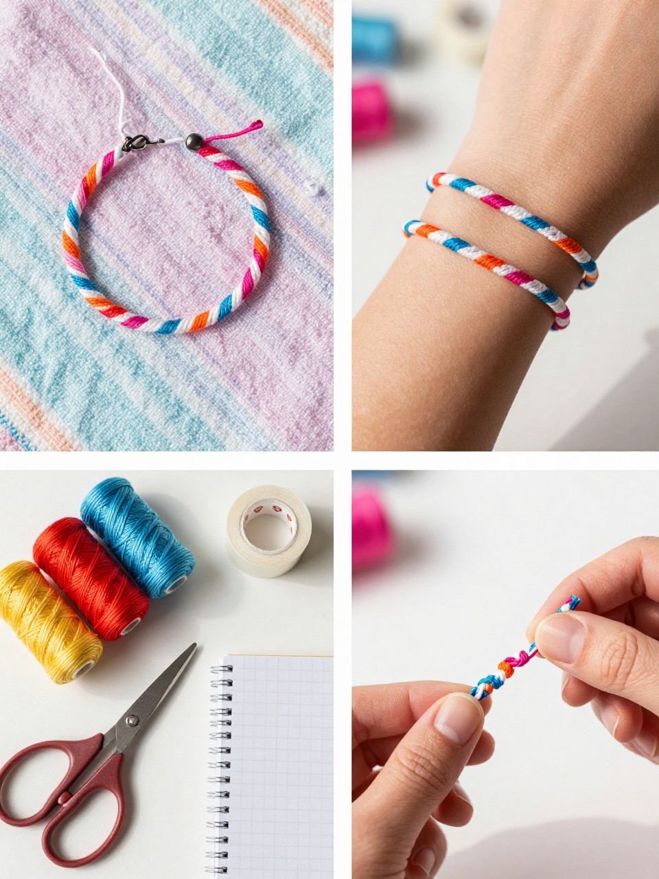 A realistic editorial 2x2 collage grid showing a beginner candy stripe friendship bracelet, top-left finished diagonal stripe bracelet in pink, orange, blue, and white thread on a pastel towel, top-right bracelet stacked with two simple bracelets on a cropped wrist, bottom-left flat lay of thread colors, scissors, tape, and a small notebook, bottom-right close-up of forward knots being made in a diagonal stripe pattern, sunny summer craft table, realistic DSLR photo quality, no faces, no text, no watermark on images.