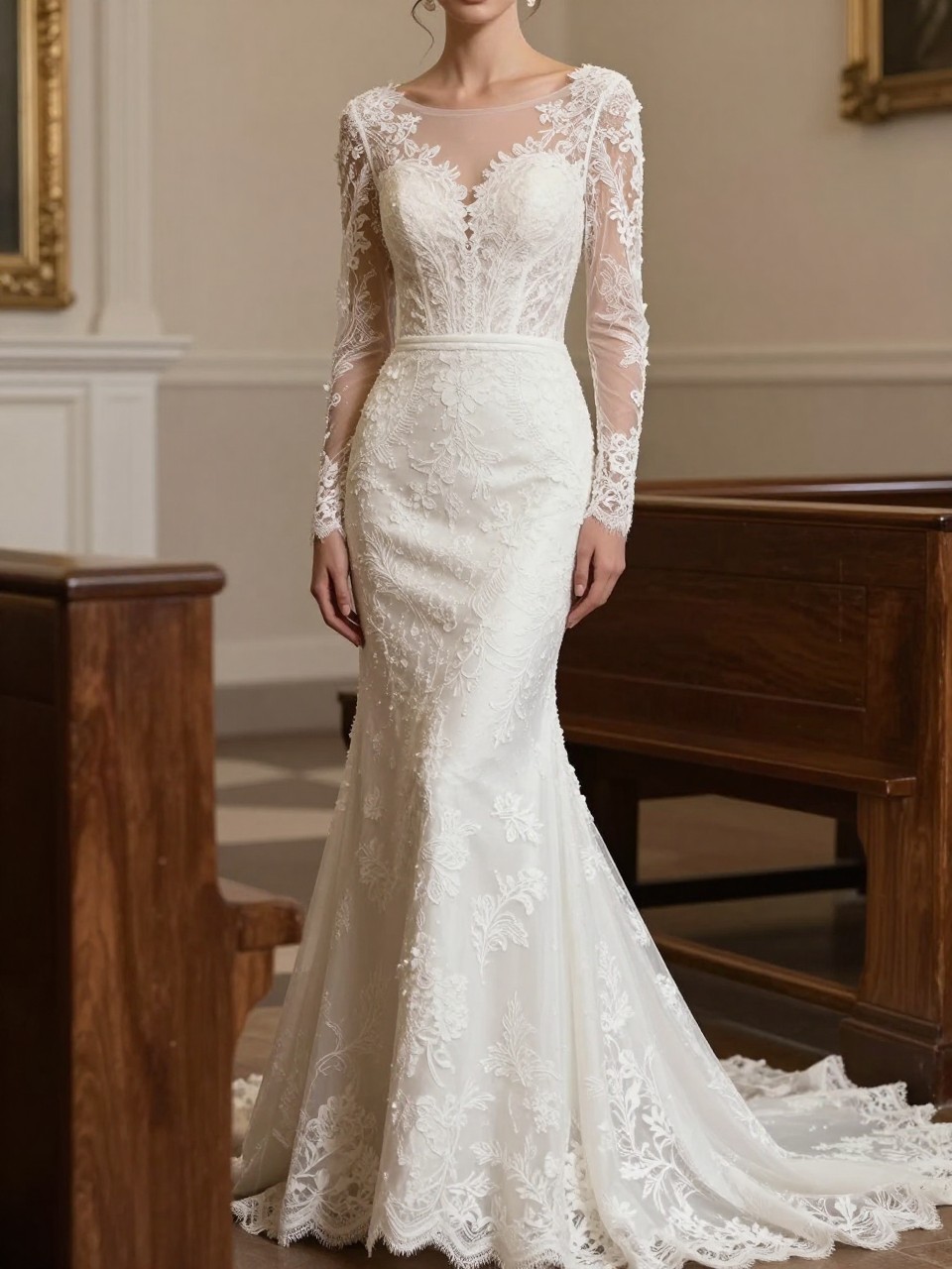 Image Prompt: A professional bridal editorial image of a bride wearing a modest mermaid wedding dress with lace long sleeves, a structured bodice, and a modest neckline, posed in a church aisle or chapel corner. Show the bride from the neck down or in a side-back pose with the face fully hidden. Highlight the fitted silhouette, delicate lace, and graceful train. Use flattering natural light, realistic bridal fabric textures, elegant composition, luxury fashion magazine quality, no visible face, no text, no watermark. (no watermarks on images)