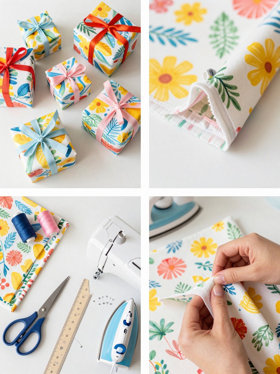 A realistic editorial 2x2 collage grid showing reusable fabric gift wrap, top-left finished square fabric wraps in bright summer prints tied around small gifts with ribbon, top-right close-up of hemmed fabric edges and tied corner detail, bottom-left flat lay of cotton fabric squares, scissors, sewing machine, thread, ruler, pins, and iron, bottom-right cropped hands folding and pressing a narrow hem on fabric, cheerful summer sewing table, no faces, no text, no watermark on images.