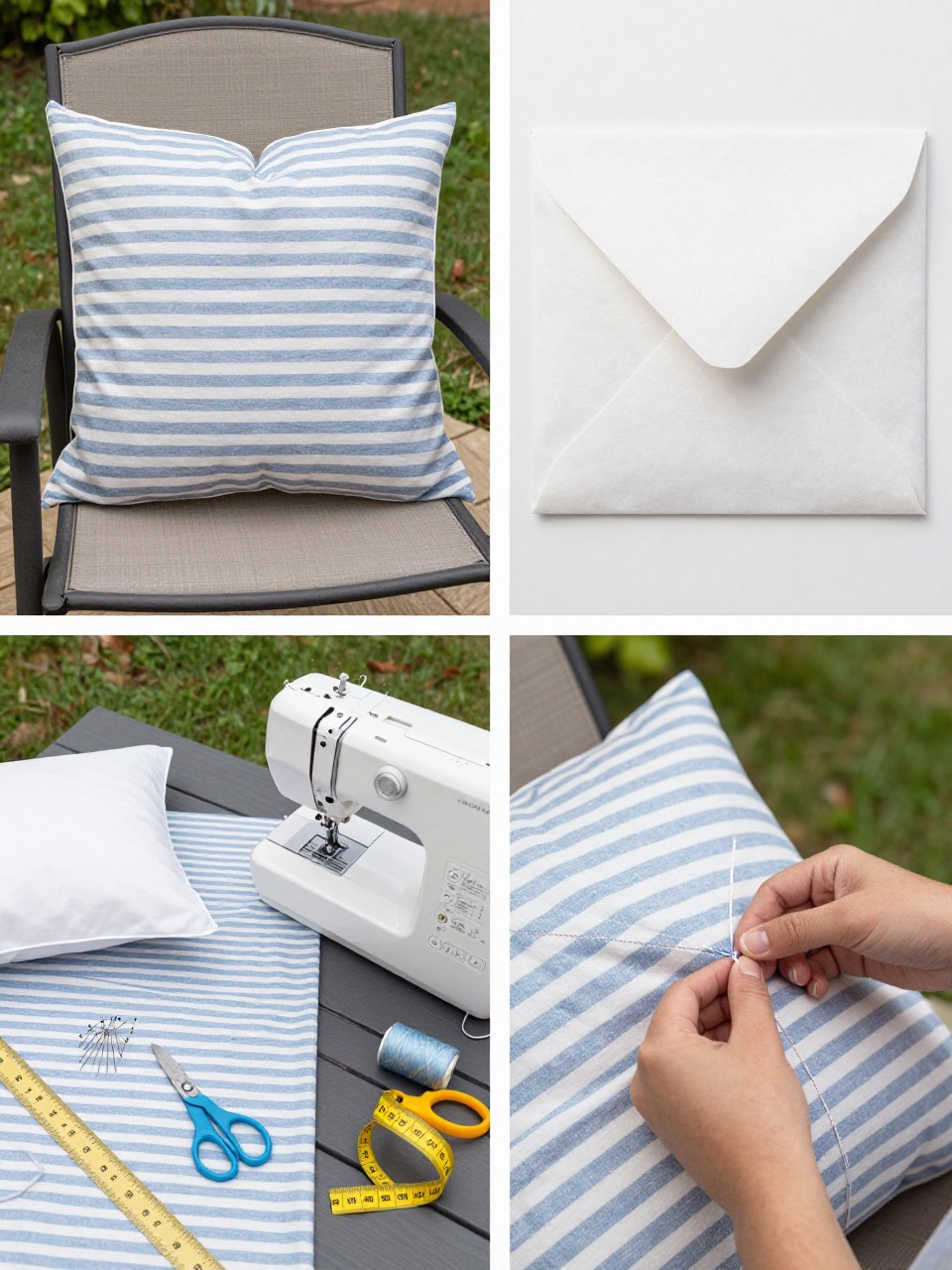 A realistic editorial 2x2 collage grid showing a beginner patio pillow cover, top-left finished envelope pillow cover in striped summer fabric on a patio chair, top-right close-up of envelope back opening and topstitched edge, bottom-left flat lay of fabric, pillow insert, sewing machine, scissors, pins, thread, ruler, and measuring tape, bottom-right cropped hands sewing a straight pillow seam, sunny patio sewing project styling, no faces, no text, no watermark on images.