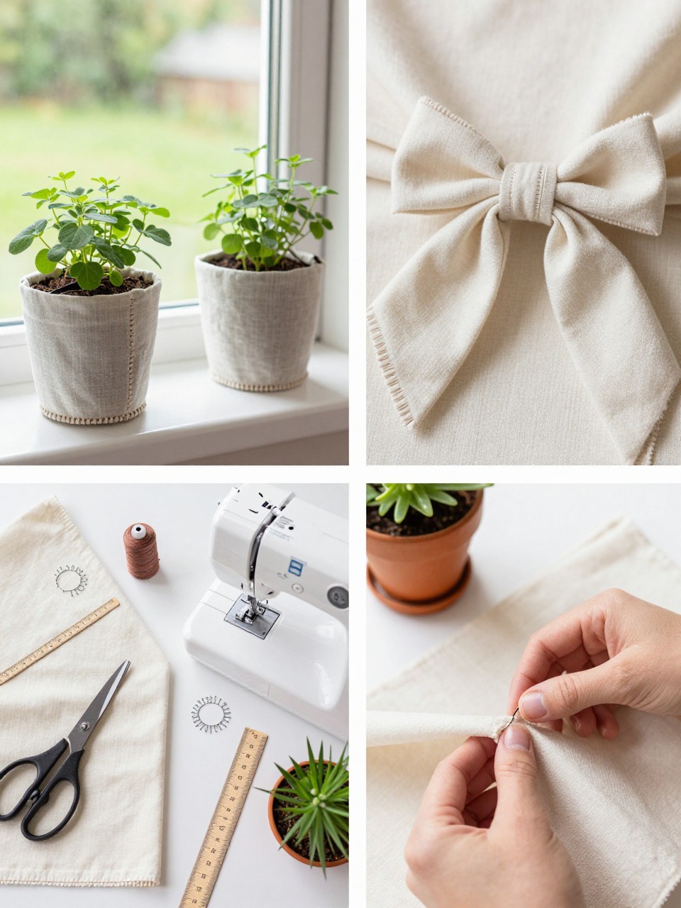 A realistic editorial 2x2 collage grid showing handmade fabric plant pot wraps, top-left finished fabric wraps around small herb pots on a sunny windowsill, top-right close-up of tied fabric bow and hemmed edge, bottom-left flat lay of cotton fabric, scissors, sewing machine, thread, pins, ruler, and small plant pot, bottom-right cropped hands sewing a hem on a fabric rectangle, bright summer garden sewing setup, no faces, no text, no watermark on images.