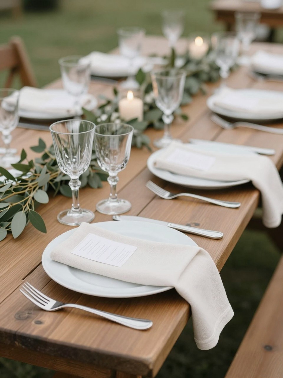 A close editorial wedding table photo focused on elegant place settings on a bare wooden picnic table, with white plates, folded ivory linen napkins, polished flatware, clear crystal glasses, small greenery sprigs, and soft candlelight. Outdoor wedding reception setting, no visible faces, no text, no watermark, realistic professional wedding photography, (no watermarks on images)
