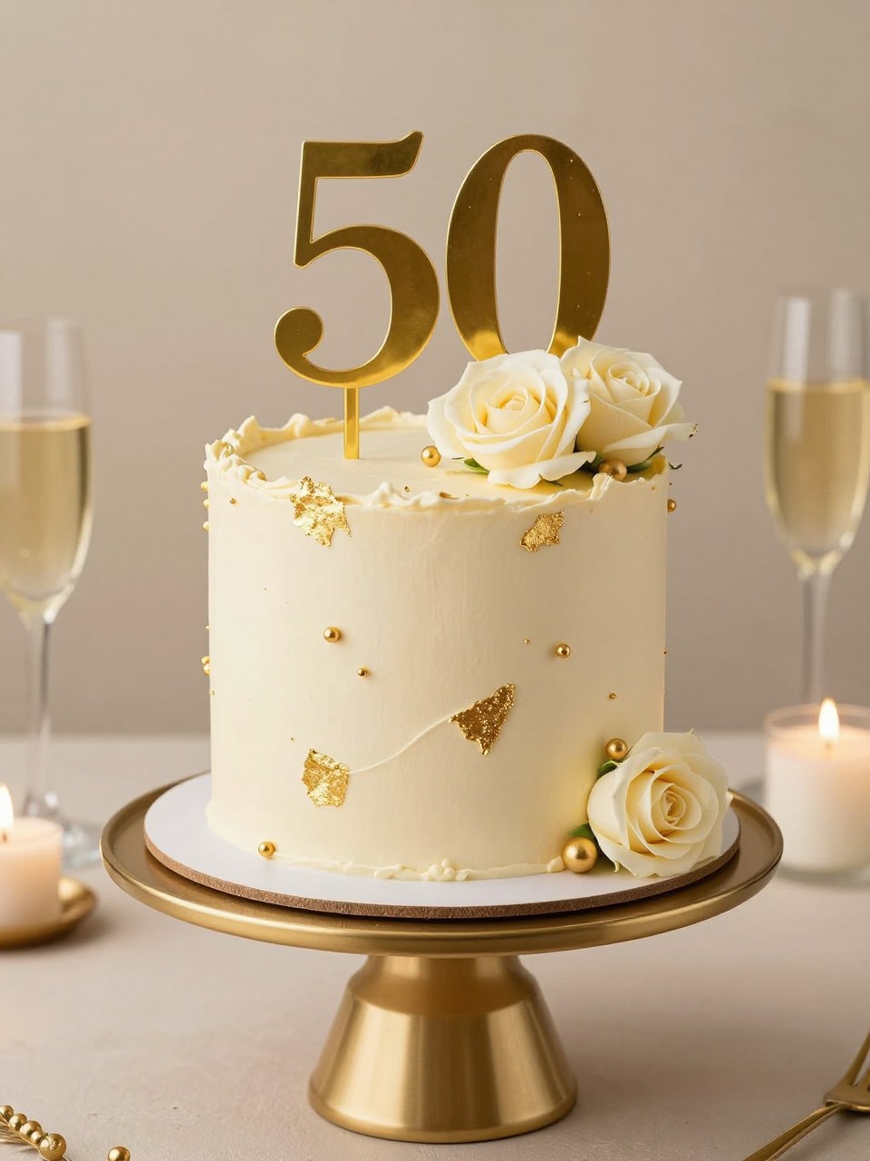 Image Prompt: A small golden anniversary cake with smooth ivory buttercream, edible gold leaf, tiny gold pearls, cream roses, and a small “50” topper. Place it on a gold cake stand with champagne glasses, candles, and warm neutral decor. Make it celebratory, elegant, and realistic, no people, no faces, no text overlay, no watermark. (no watermarks on images)