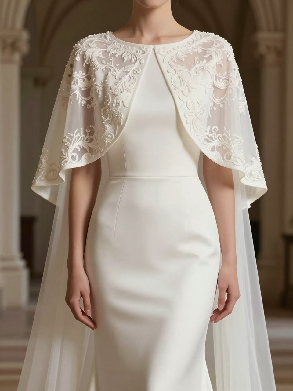 Image Prompt: A couture-style bridal editorial image of a simple sheath wedding dress paired with an embroidered cape-style bolero. Show the bride from the neck down or from behind so the face is fully hidden. The bolero has a cape-like shape with light embroidery and graceful movement over a slim, understated dress. Photograph in a cathedral-inspired or luxury studio setting with soft dramatic light, realistic texture, magazine-quality styling, no visible face, no text, no watermark. (no watermarks on images)