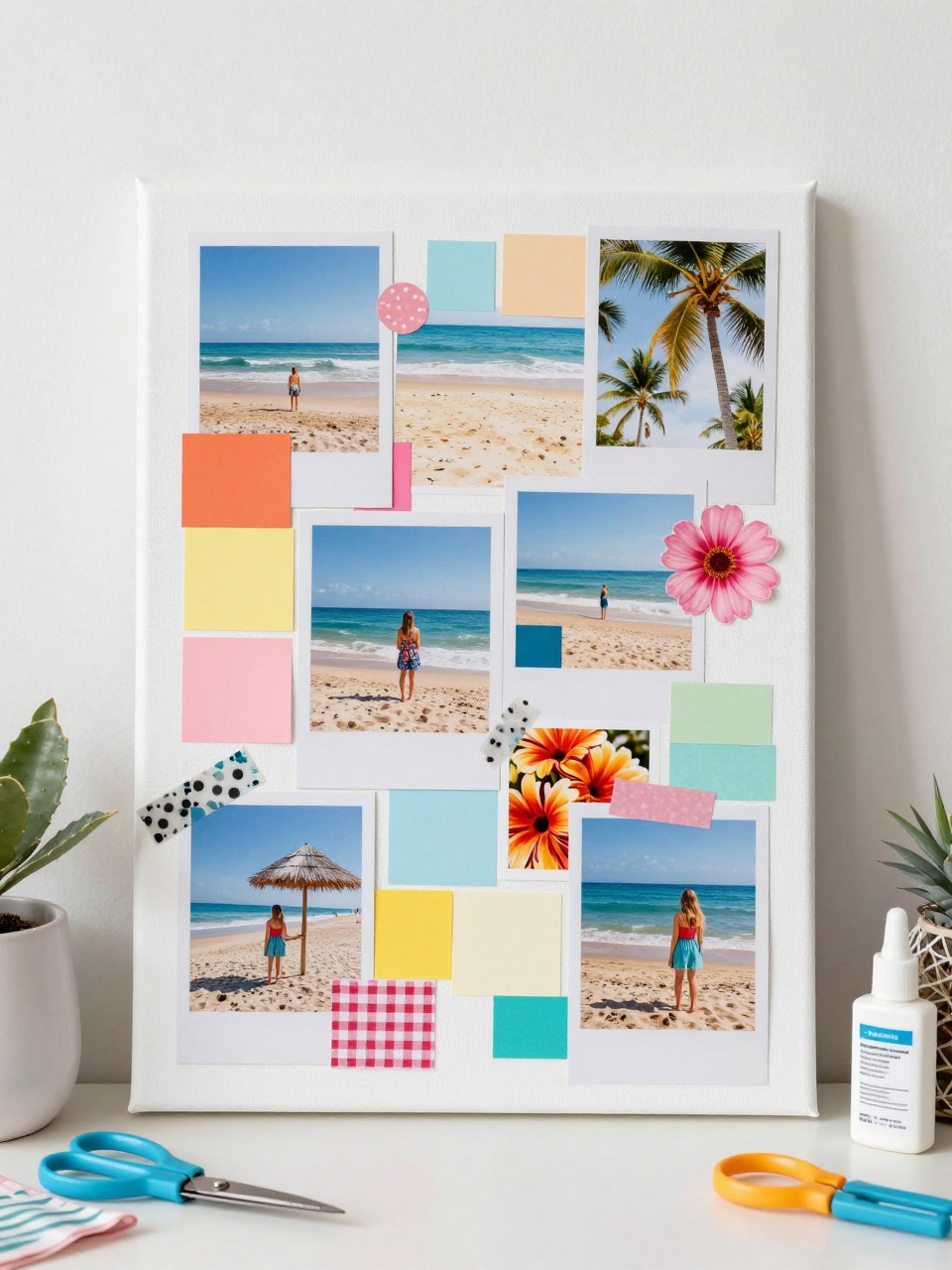Detailed Image Prompt:
A creative editorial craft photo of a summer mood board canvas for teens, small canvas covered with magazine cutouts, color swatches, beach photos, flower images, stickers, fabric scraps, washi tape, and layered paper pieces, displayed on a desk with scissors and glue nearby, stylish bedroom decor craft, bright summer color palette, no people, no faces, no readable text, no watermark on images.