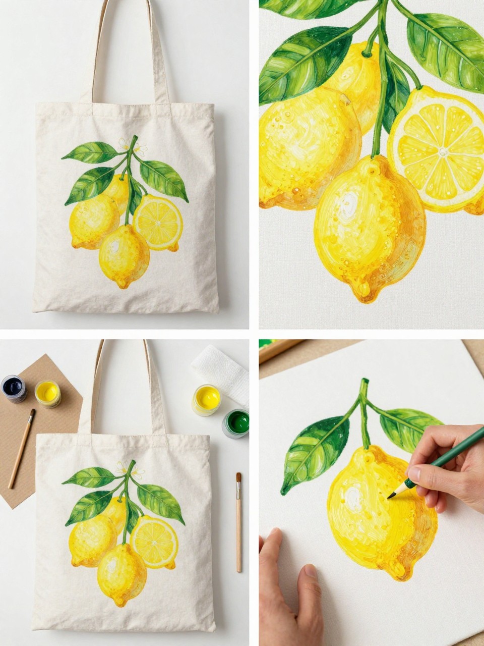 A realistic editorial 2x2 collage grid showing a lemon branch painted canvas tote bag, top-left finished tote with painted lemon branches, green leaves, and small white blossoms along one side, top-right close-up of lemon circles, leaf veins, and blossom details, bottom-left flat lay of tote, yellow, green, white, and brown fabric paint, brushes, pencil, cardboard insert, and paper towel, bottom-right cropped hands painting a lemon branch on canvas, fresh summer kitchen craft styling, no faces, no text, no watermark on images.