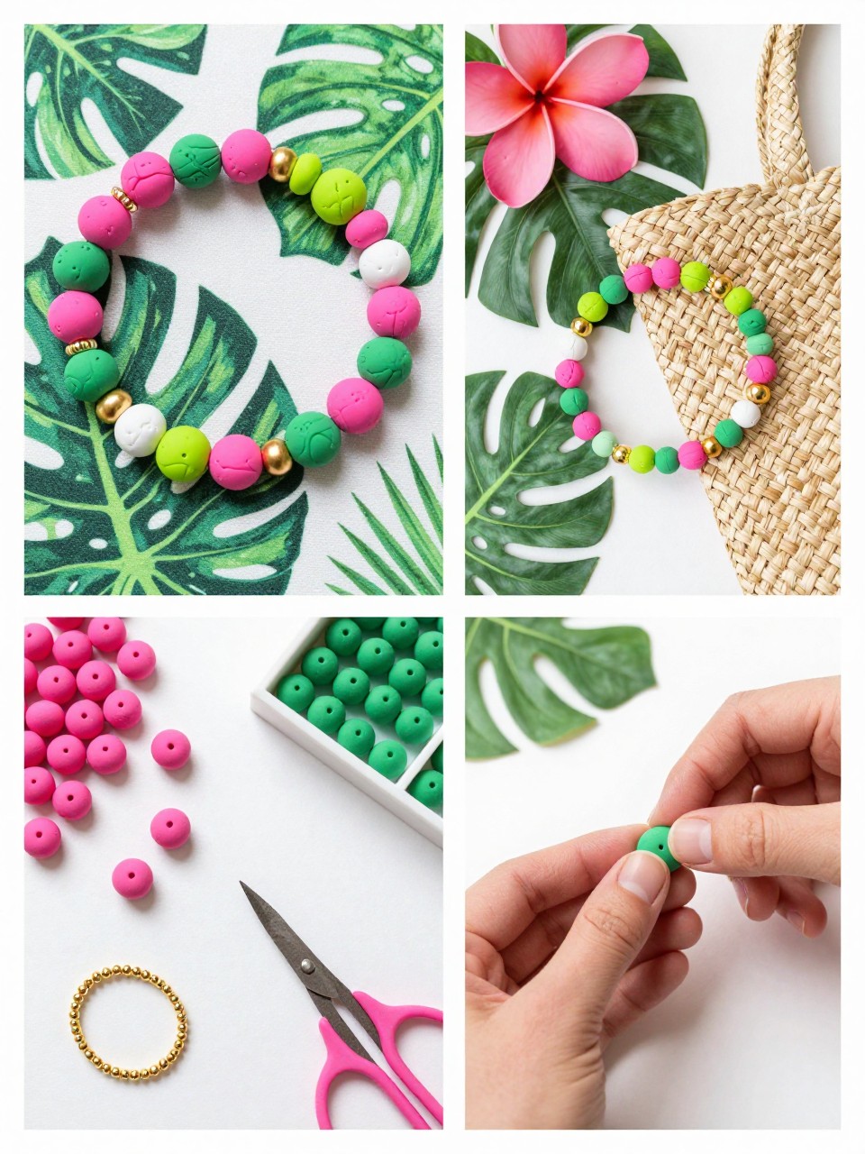 A realistic editorial 2x2 collage grid showing a tropical pink and green clay bead bracelet, top-left finished bracelet with hot pink, palm green, lime, white, and gold beads on a leaf-print fabric, top-right bracelet styled beside tropical leaves, pink flowers, and a straw tote, bottom-left flat lay of pink and green clay beads, gold spacers, elastic cord, scissors, and bead tray, bottom-right cropped hands arranging bright tropical bead colors, summer vacation craft styling, no faces, no text, no watermark on images.