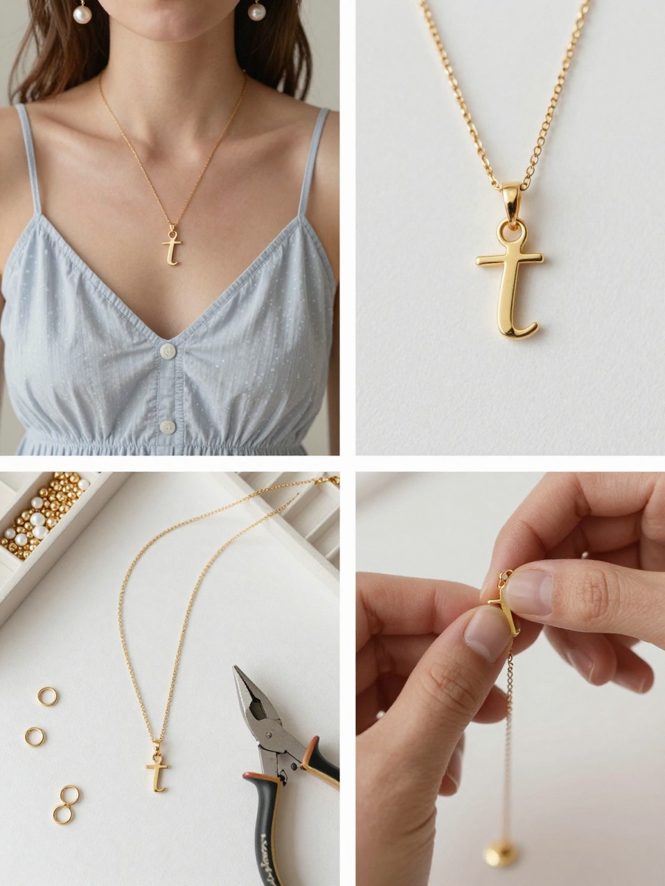 A realistic editorial 2x2 collage grid showing a dainty initial pendant necklace, top-left finished necklace with a small gold initial charm on a delicate chain styled beside a summer dress and pearl earrings, top-right close-up of initial charm, jump ring, and fine chain detail, bottom-left flat lay of necklace chain, initial charm, jump rings, clasp, pliers, and bead tray, bottom-right cropped hands attaching the initial charm to the chain, elegant handmade summer jewelry setting, no faces, no text except one initial charm, no watermark on images.